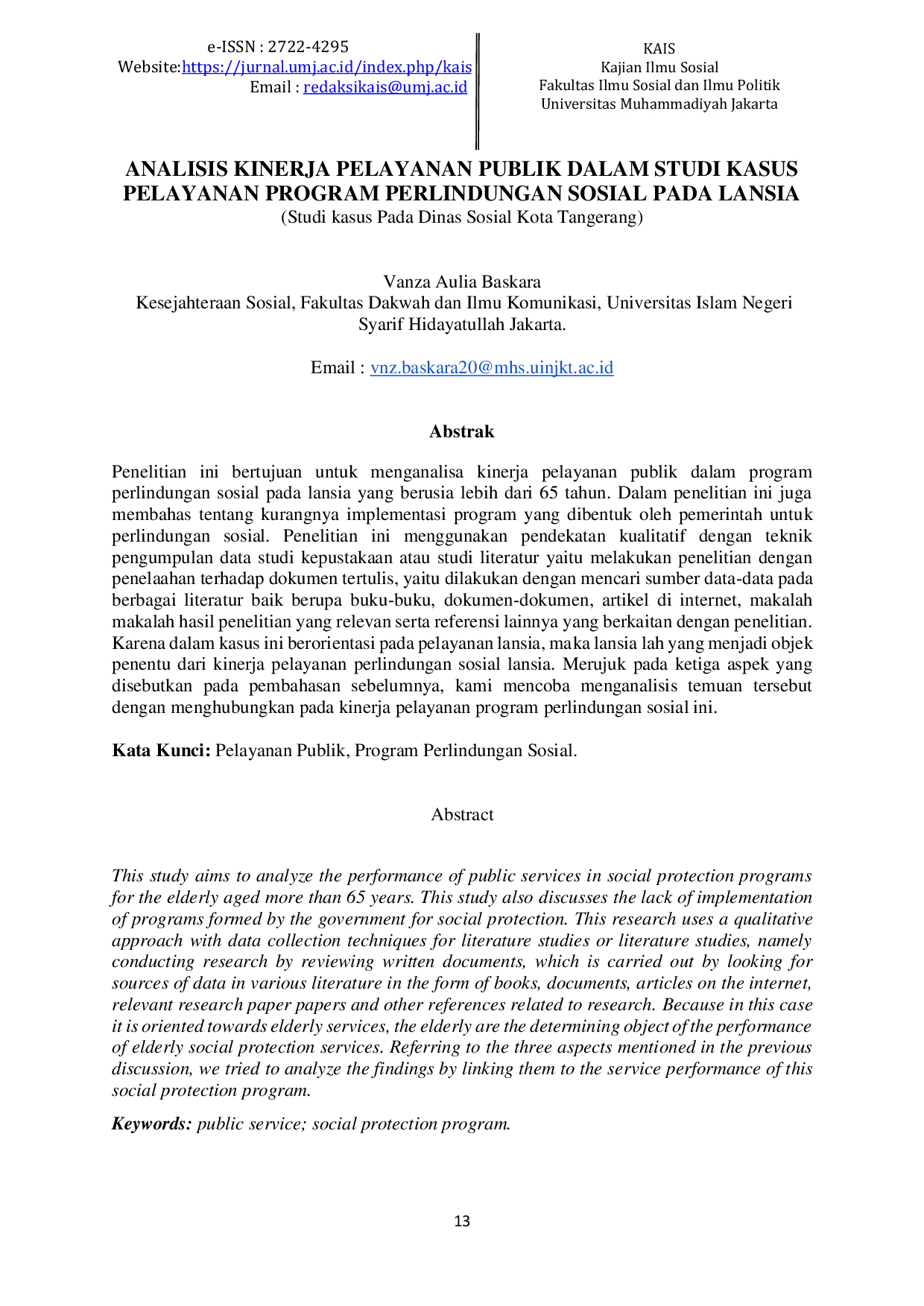 JURIS Analisis Kinerja Pelayanan Publik Dalam Studi Kasus Pelayanan Program Perlindungan Sosial Pada Lansia