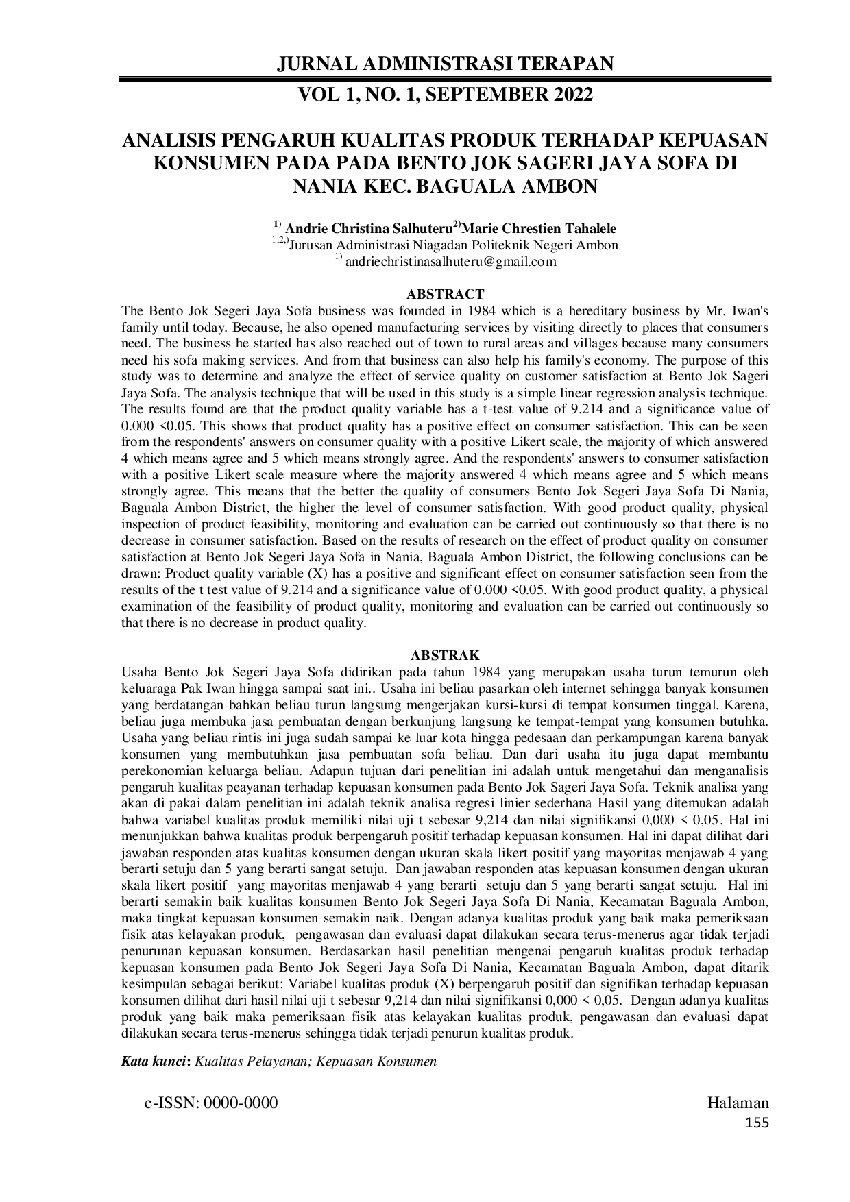 JURIS Analisis Pengaruh Kualitas Produk Terhadap Kepuasan Konsumen Pada Bento Jok Sageri Jaya Sofa Di Nania Kecamatan Baguala Ambon