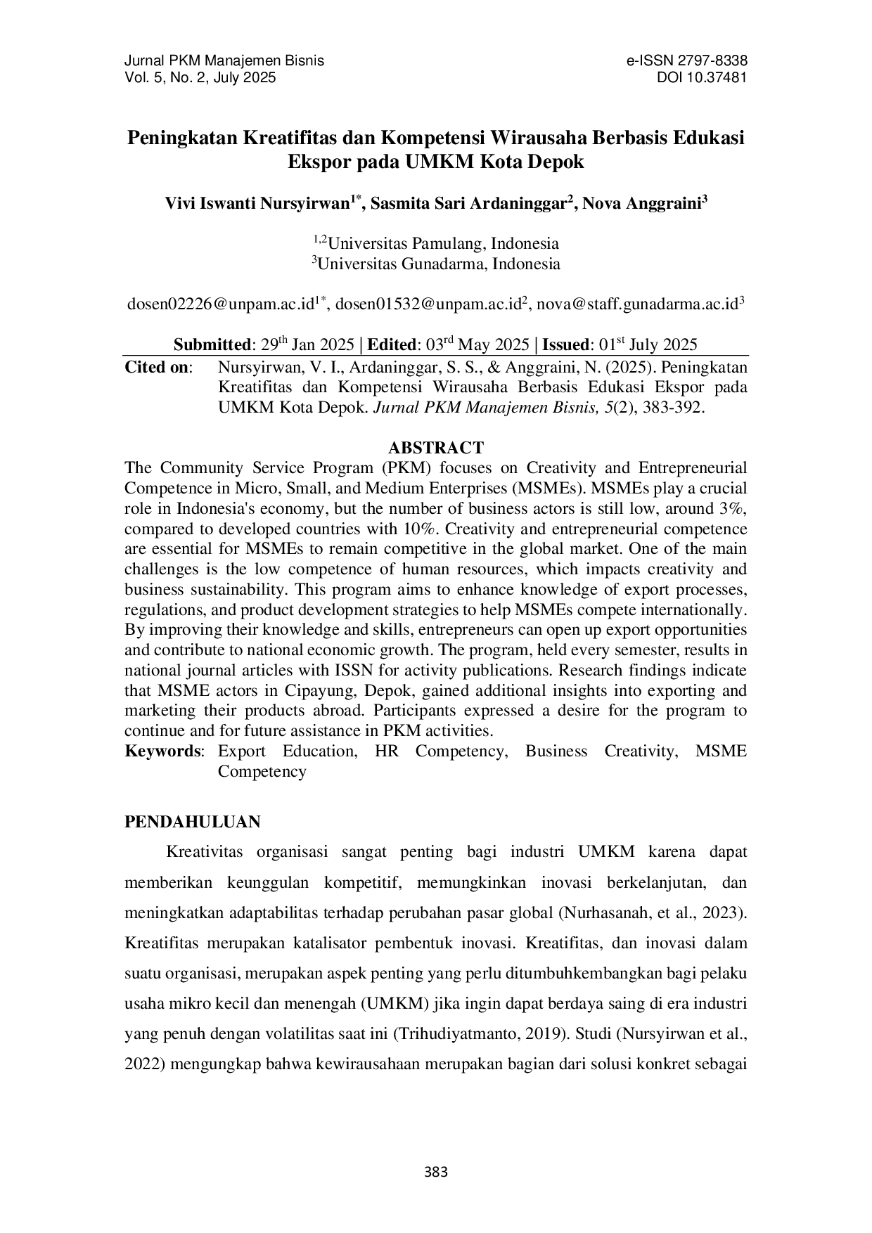 JURIS Peningkatan Kreatifitas dan Kompetensi Wirausaha Berbasis Edukasi Ekspor pada UMKM Kota Depok