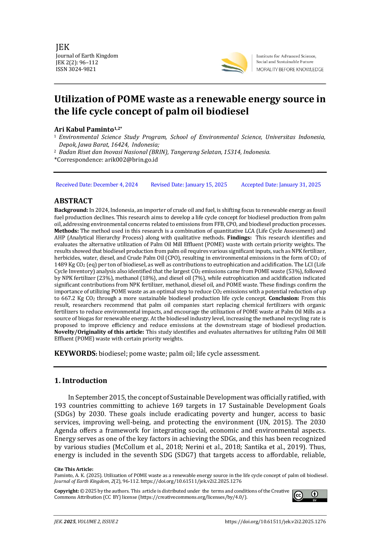 JURIS Utilization of POME waste as a renewable energy source in the life cycle concept of palm oil biodiesel