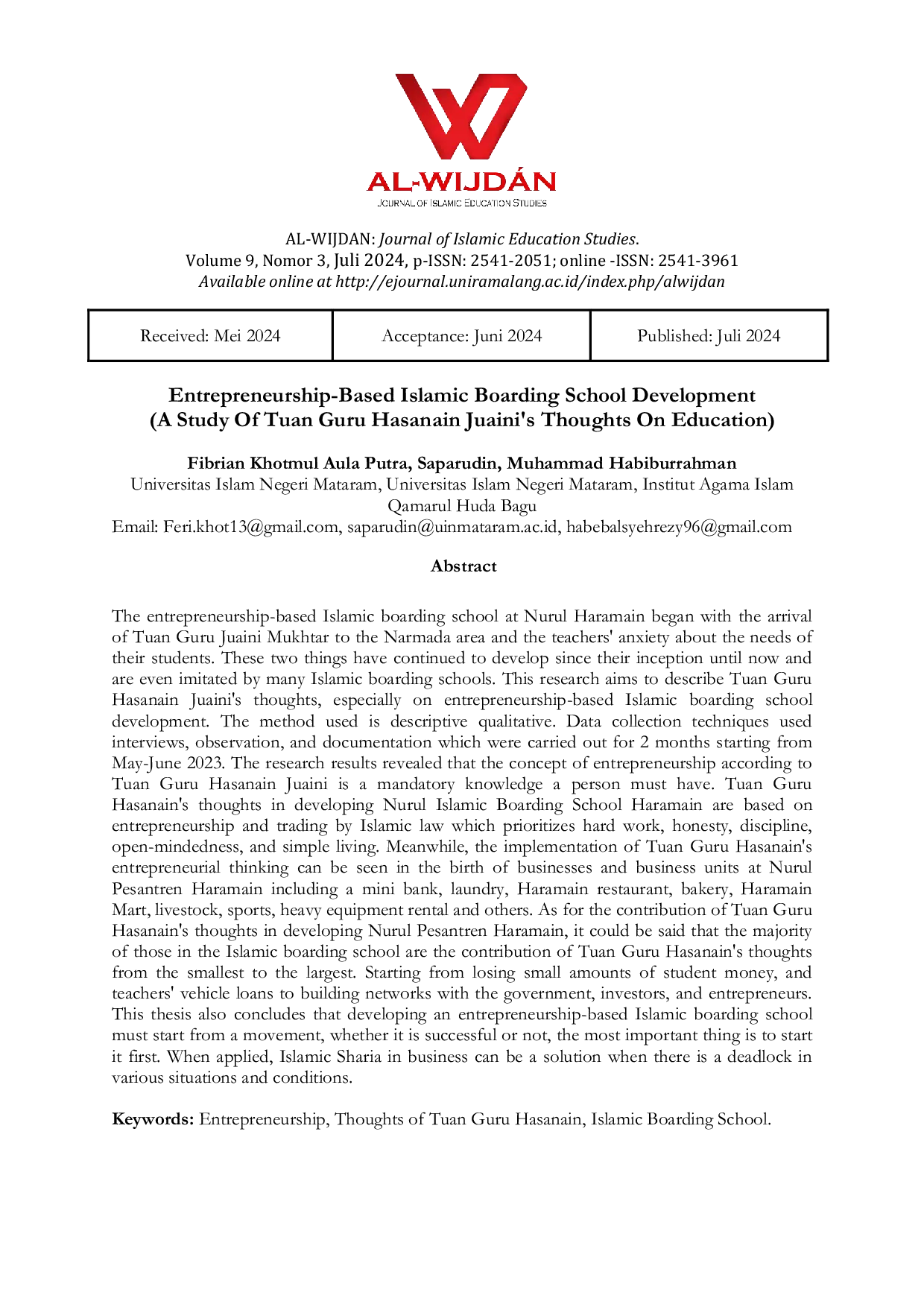 JURIS Entrepreneurship Based Islamic Boarding School Development A Study Of Tuan Guru Hasanain Juaini s Thoughts On Education