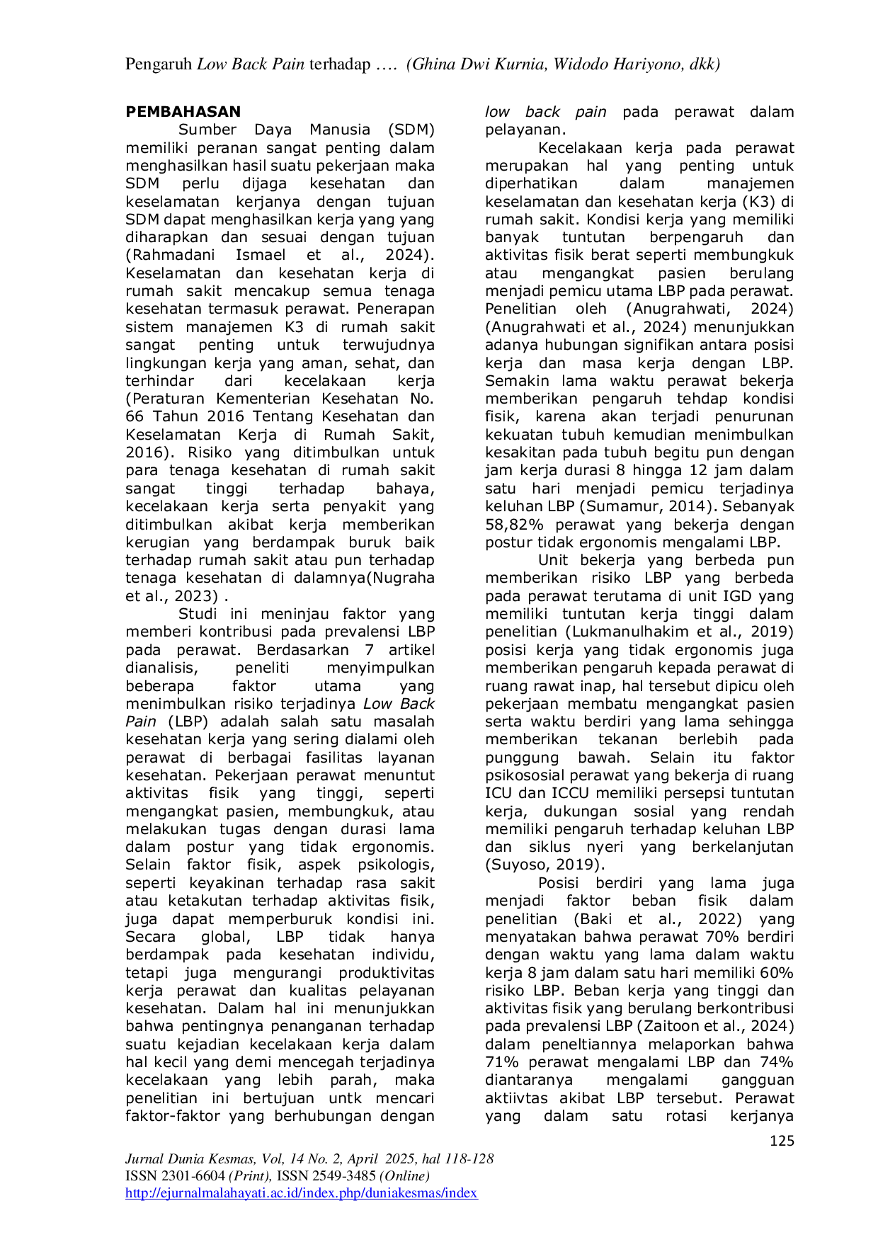 JURIS Pengaruh Low Back Pain terhadap Produktivitas Kerja Perawat Studi Literatur