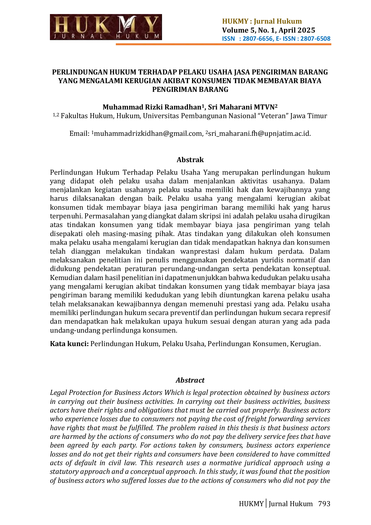 JURIS Perlindungan Hukum Terhadap Pelaku Usaha Jasa Pengiriman Barang Yang Mengalami Kerugian Akibat Konsumen Tidak Membayar Biaya Pengiriman Barang