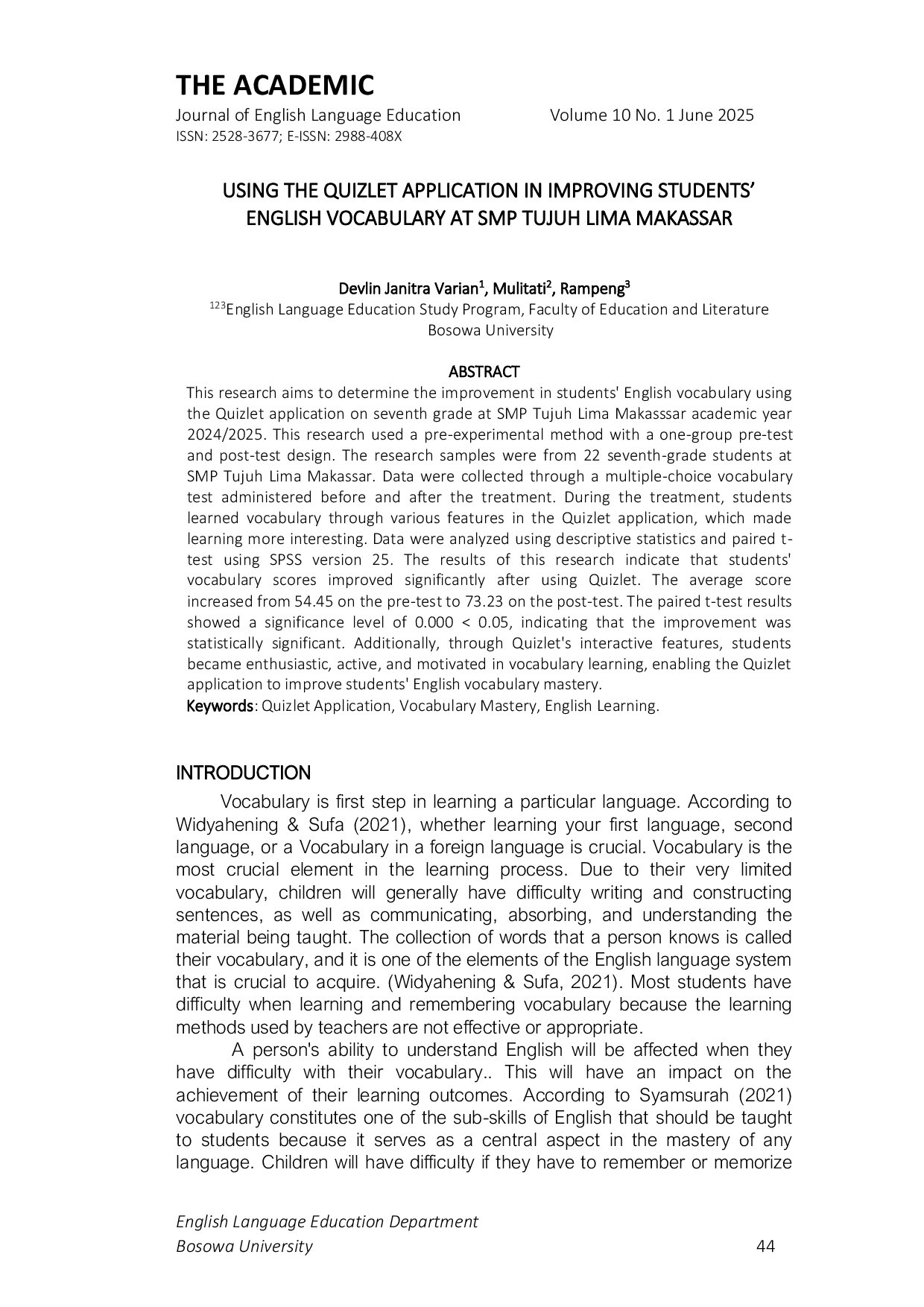 JURIS Using The Quizlet Application In Improving Students English Vocabulary At SMP Tujuh Lima Makassar