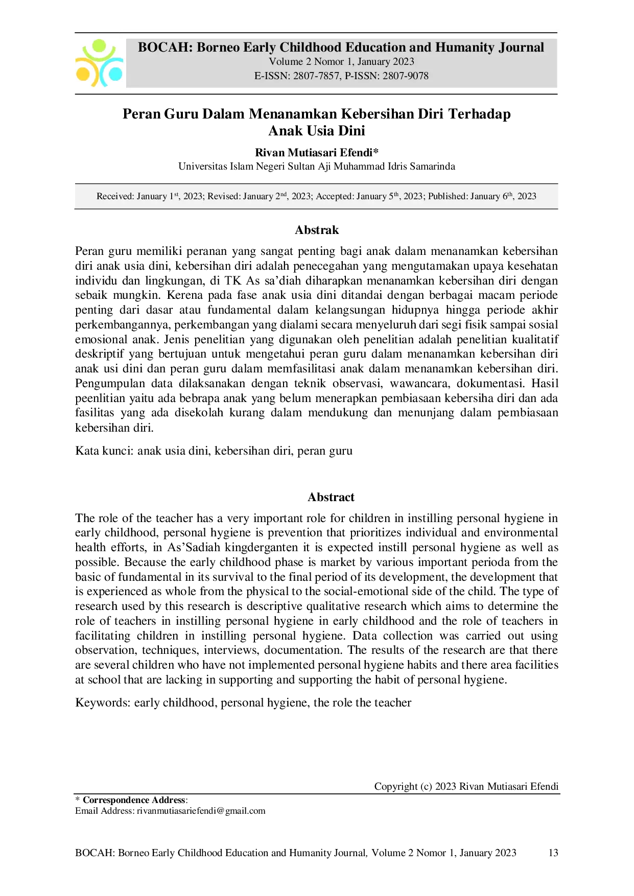 JURIS Peran Guru Dalam Menanamkan Kebersihan Diri Pada Anak Usia Dini