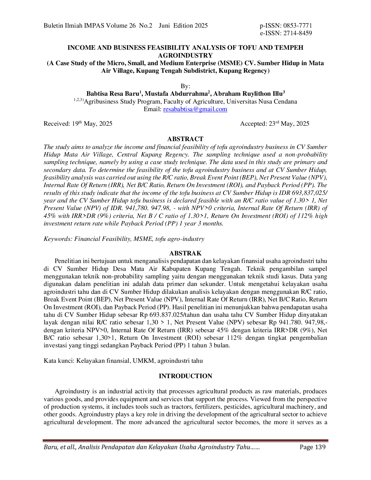 JURIS Income And Business Feasibility Analysis Of Tofu And Tempeh Agroindustry
