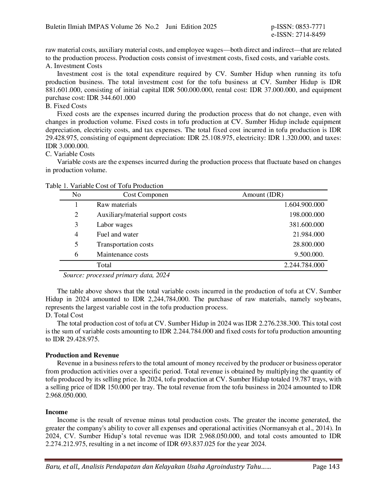 JURIS Income And Business Feasibility Analysis Of Tofu And Tempeh Agroindustry
