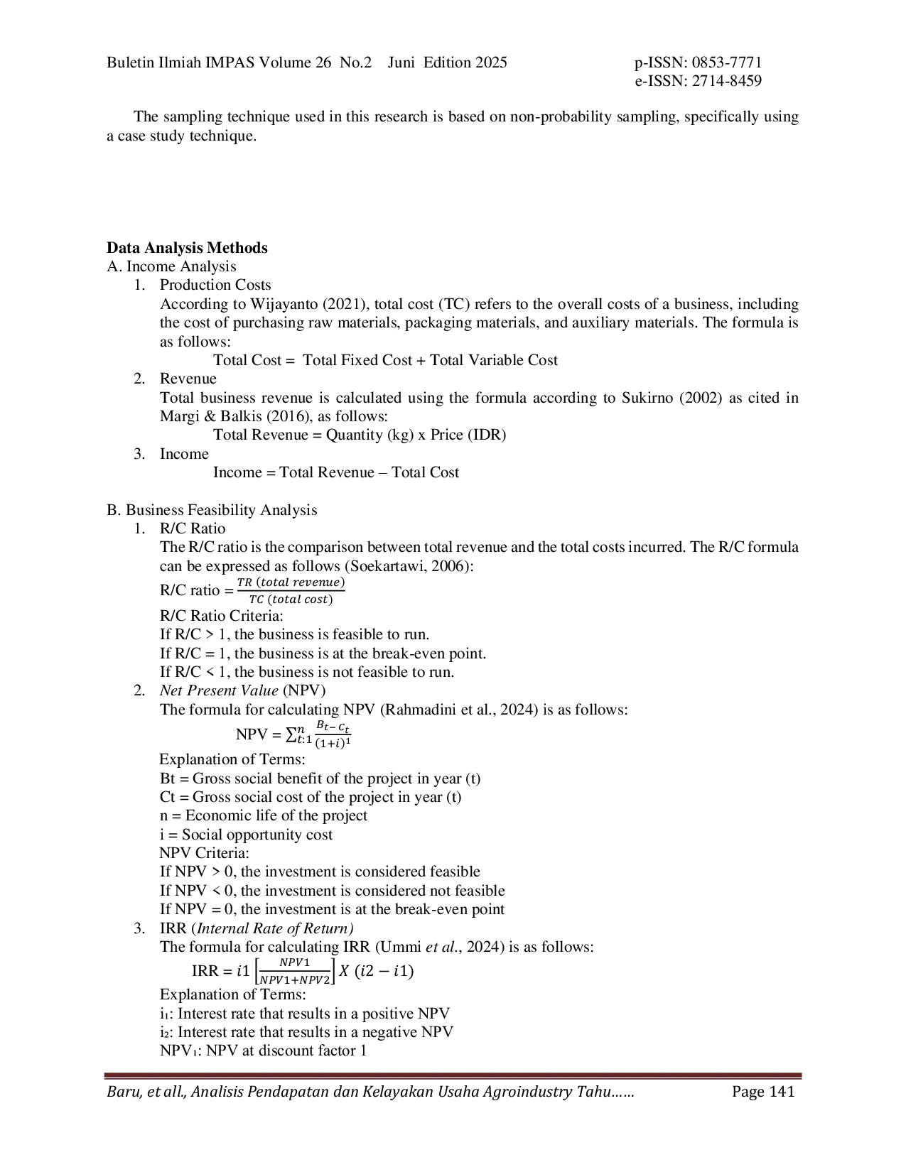 JURIS Income And Business Feasibility Analysis Of Tofu And Tempeh Agroindustry