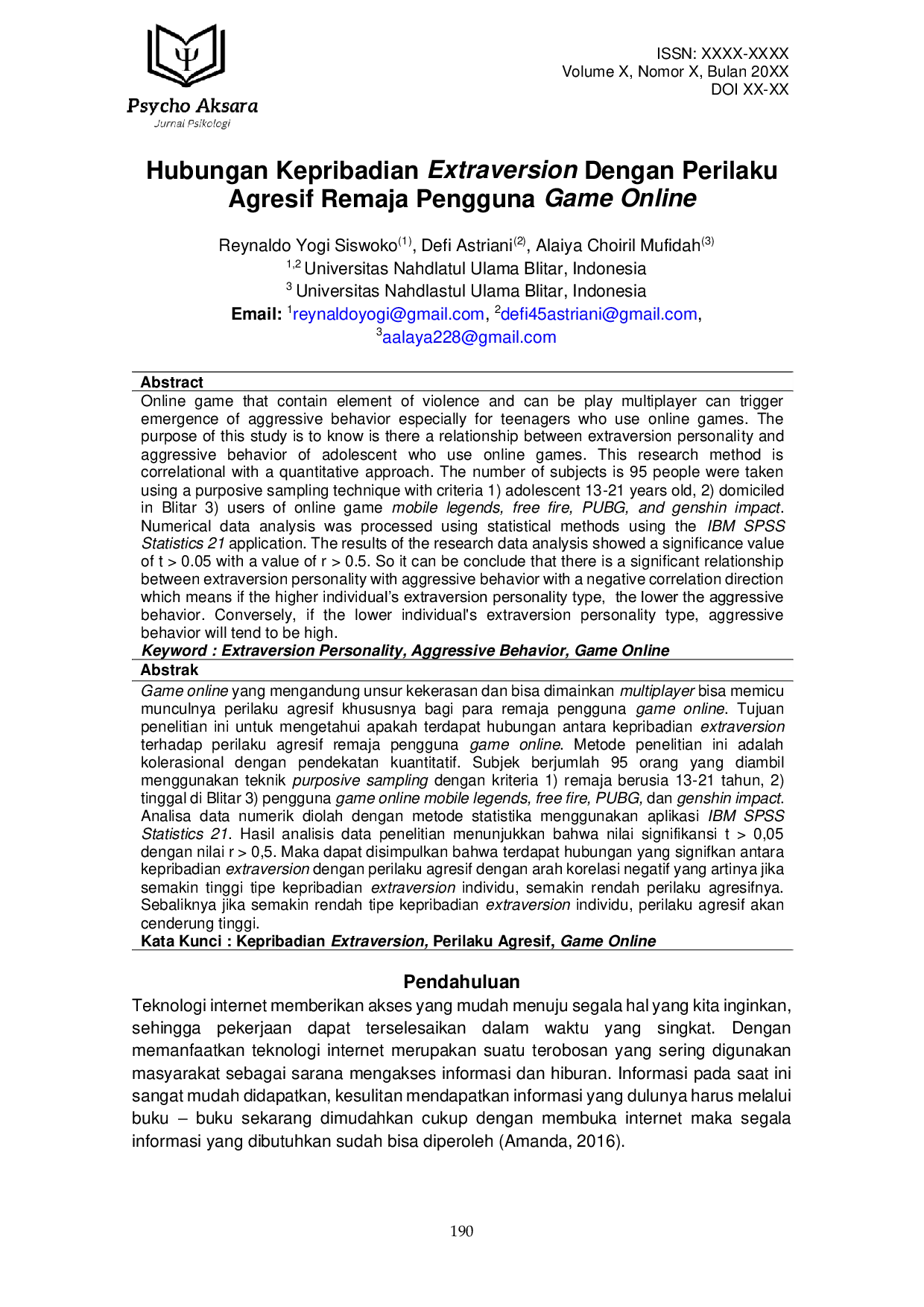 JURIS Hubungan Kepribadian Extraversion Dengan Perilaku Agresif Remaja Pengguna Game Online