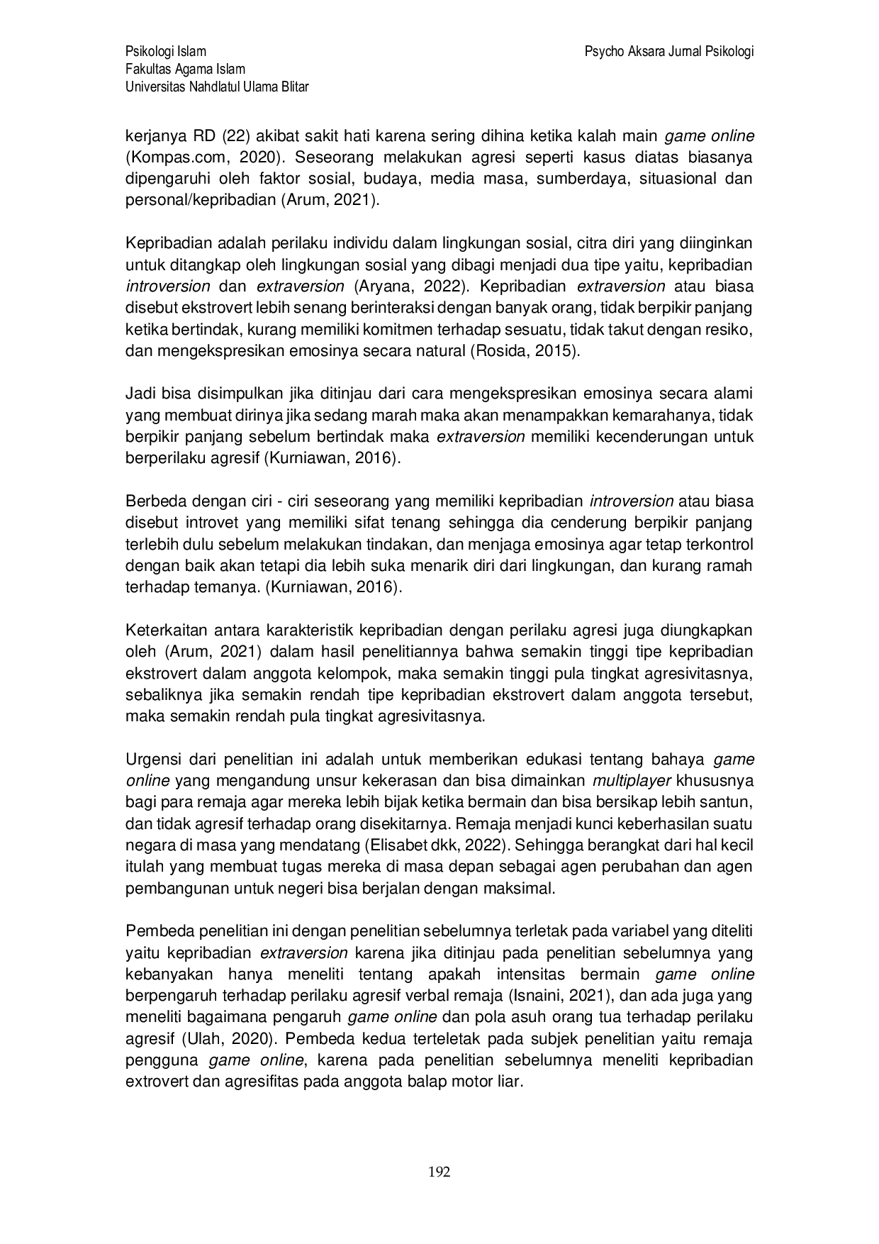 JURIS Hubungan Kepribadian Extraversion Dengan Perilaku Agresif Remaja Pengguna Game Online