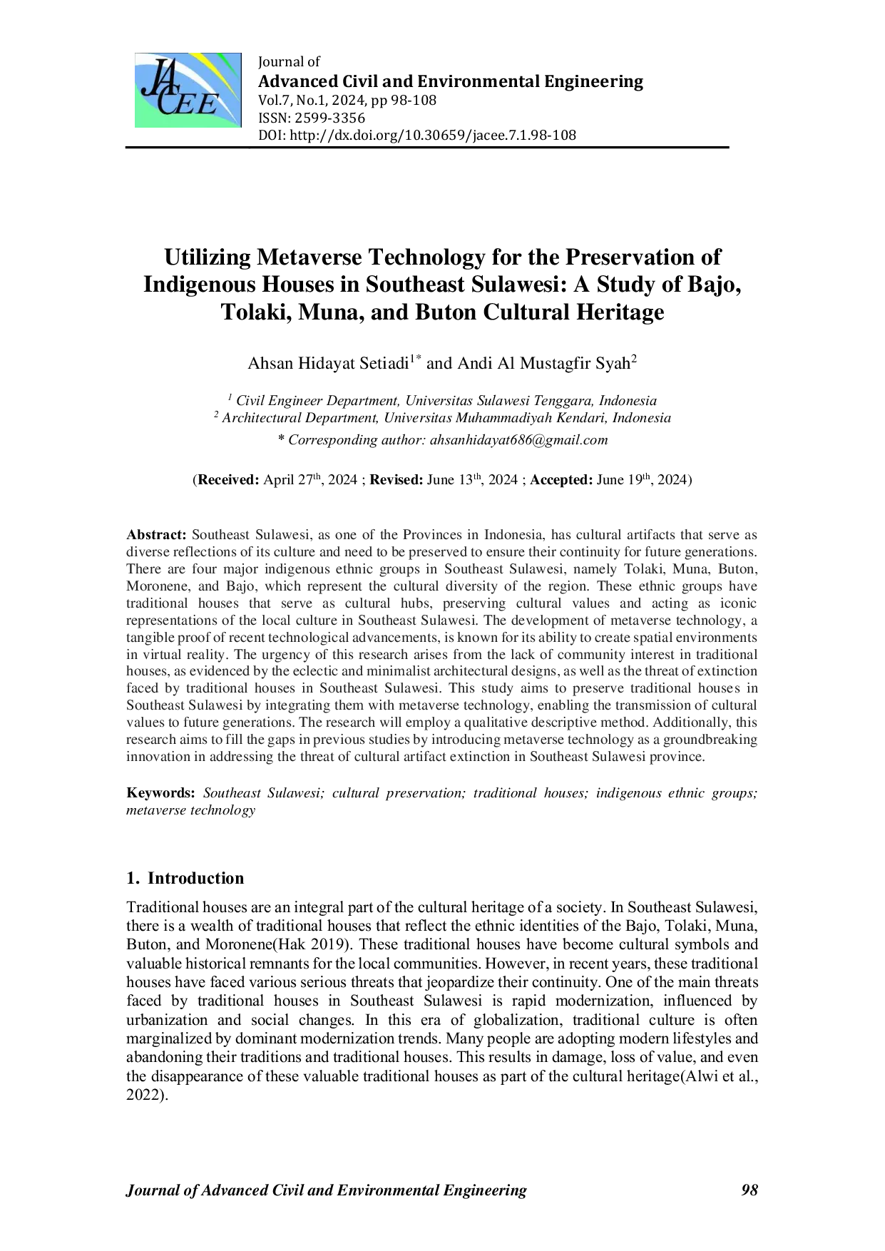 JURIS Utilizing Metaverse Technology for the Preservation of Indigenous Houses in Southeast Sulawesi A Study of Bajo Tolaki Muna and Buton Cultural Heritage