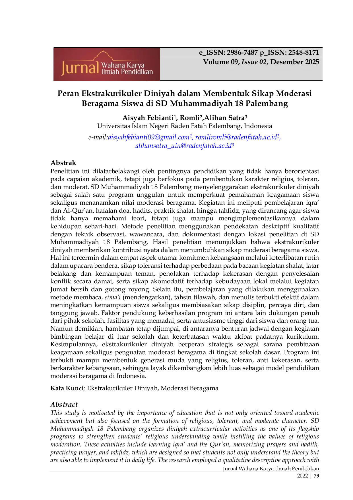 JURIS Peran Ekstrakurikuler Diniyah dalam Membentuk Sikap Moderasi Beragama Siswa di SD Muhammadiyah 18 Palembang