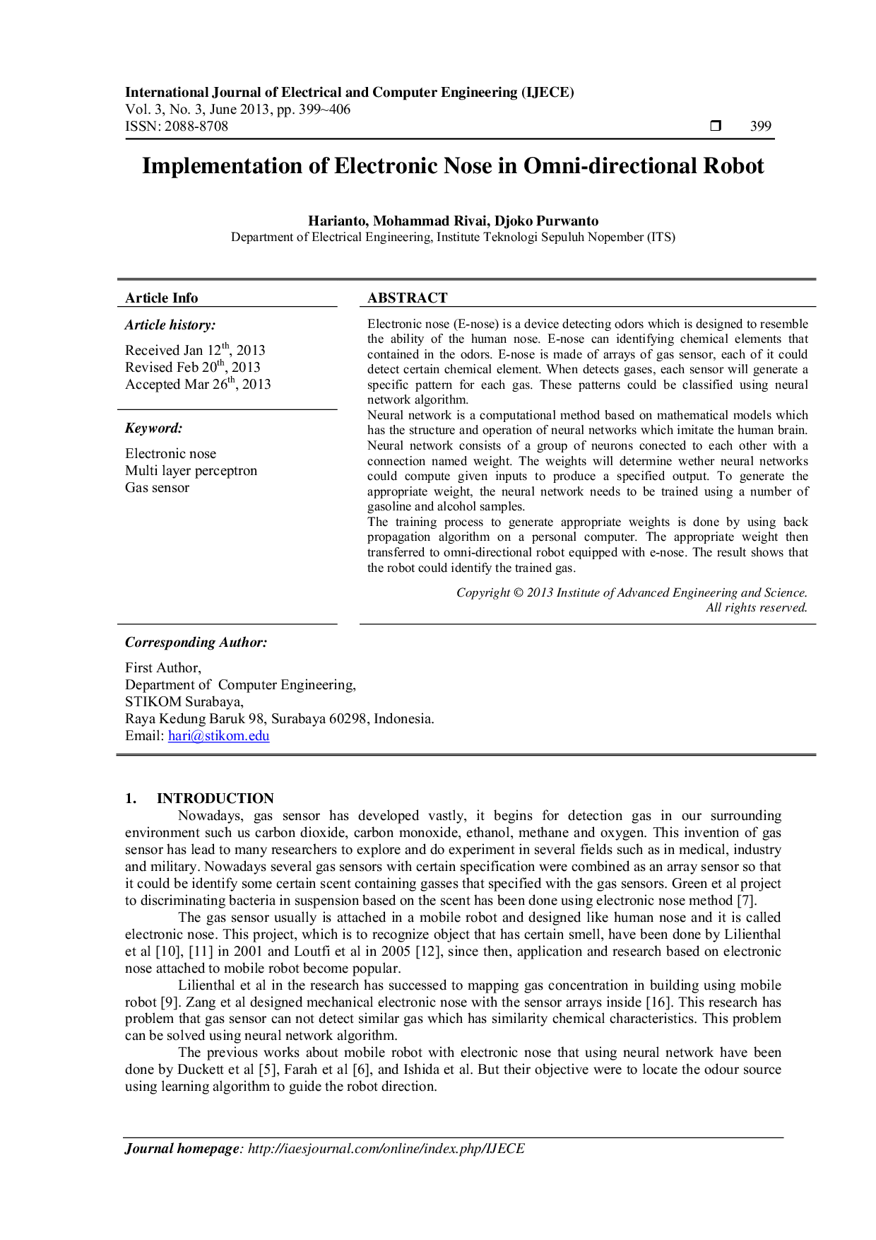 JURIS Implementation of Electronic Nose in Omni directional Robot