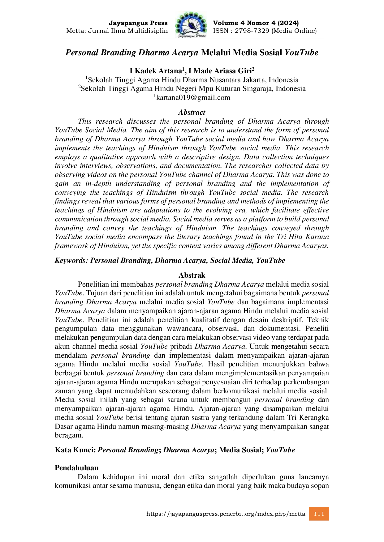 JURIS Personal Branding Dharma Acarya Melalui Media Sosial YouTube