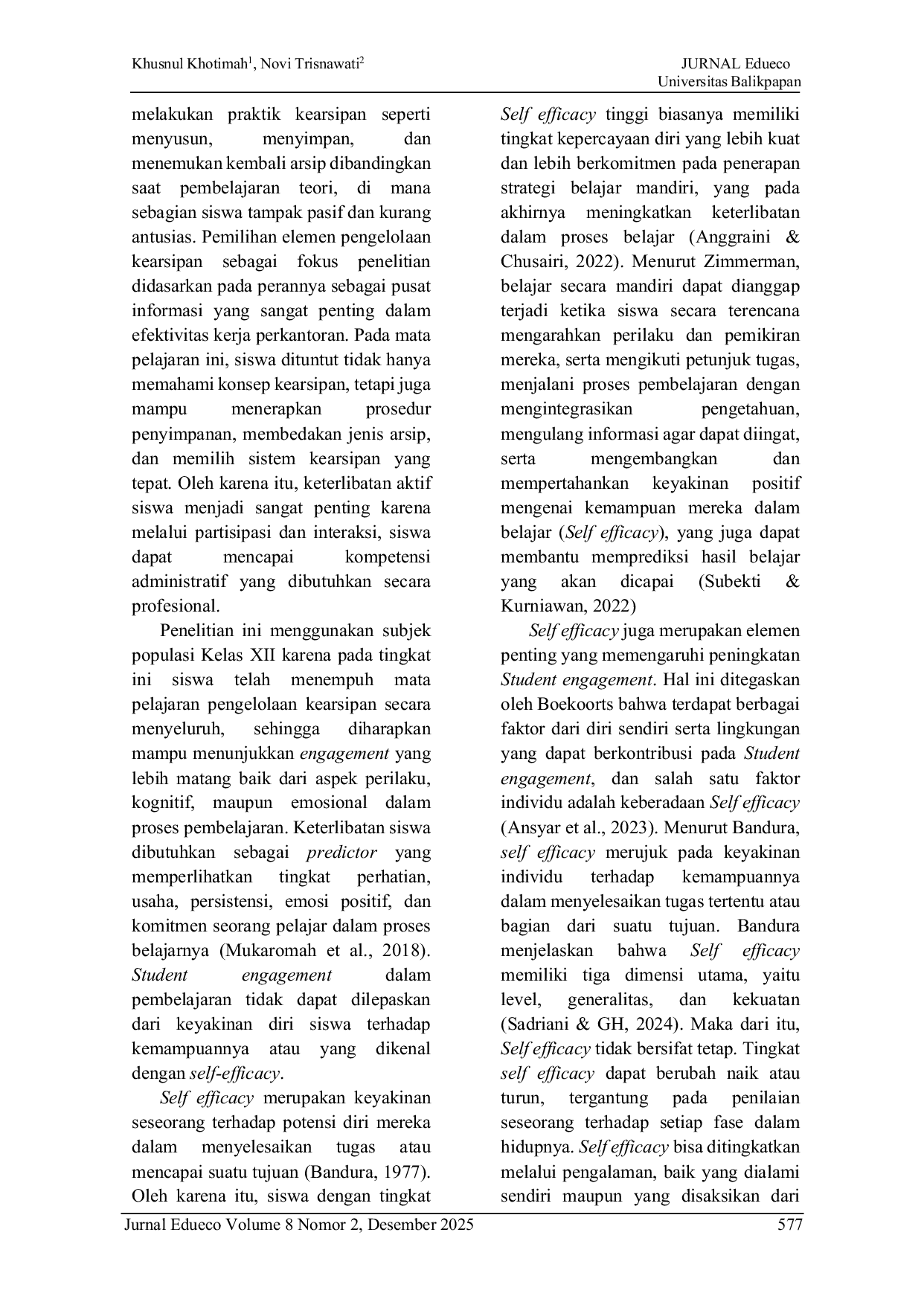 JURIS Pengaruh Self Regulated Learning Terhadap Student Engagement Pada Mata Pelajaran Kearsipan Melalui Self Efficacy Sebagai Variabel Mediasi Pada Siswa SMKN 1 Surabaya