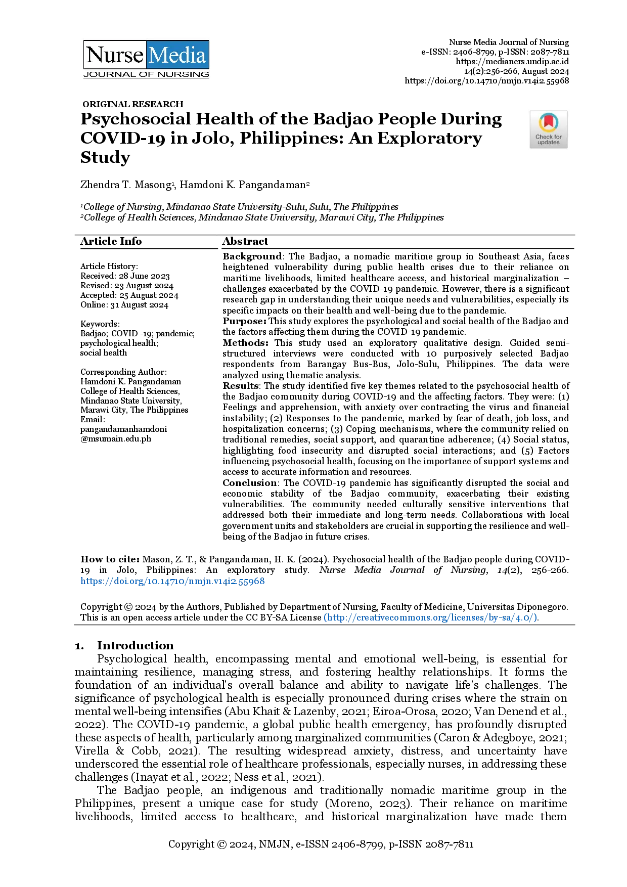 juris Psychosocial Health of the Badjao People During COVID 19 in Jolo Philippines An Exploratory Study