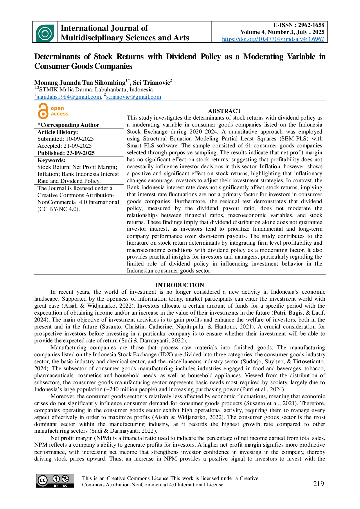 JURIS Determinants of Stock Returns with Dividend Policy as a Moderating Variable in Consumer Goods Companies