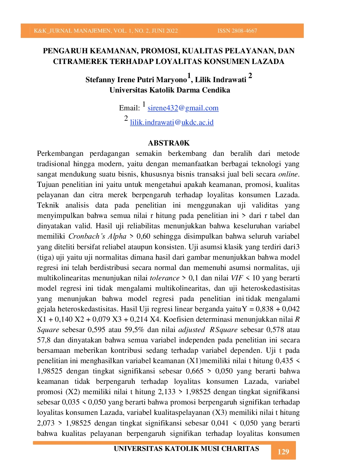 JURIS Pengaruh Keamanan Promosi Kualitas Pelayanan Dan Citra merek Terhadap Loyalitas Konsumen Lazada