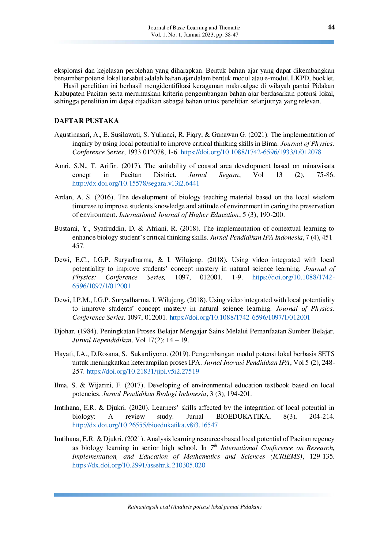 JURIS Analisis potensi lokal pantai Pidakan sebagai sumber belajar IPA Sekolah Dasar