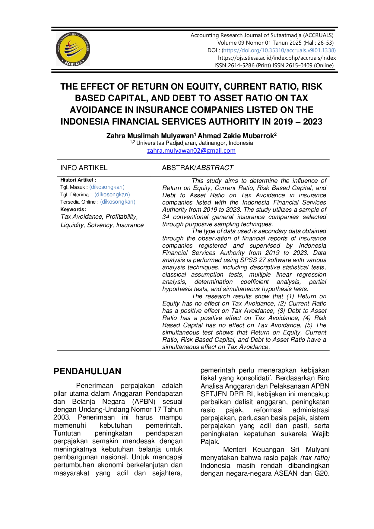 JURIS The Effect of Return on Equity Current Ratio Risk Based Capital and Debt to Asset Ratio on Tax Avoidance in Insurance Companies Registered on The Indonesia Financial Services Authority in 2019 20