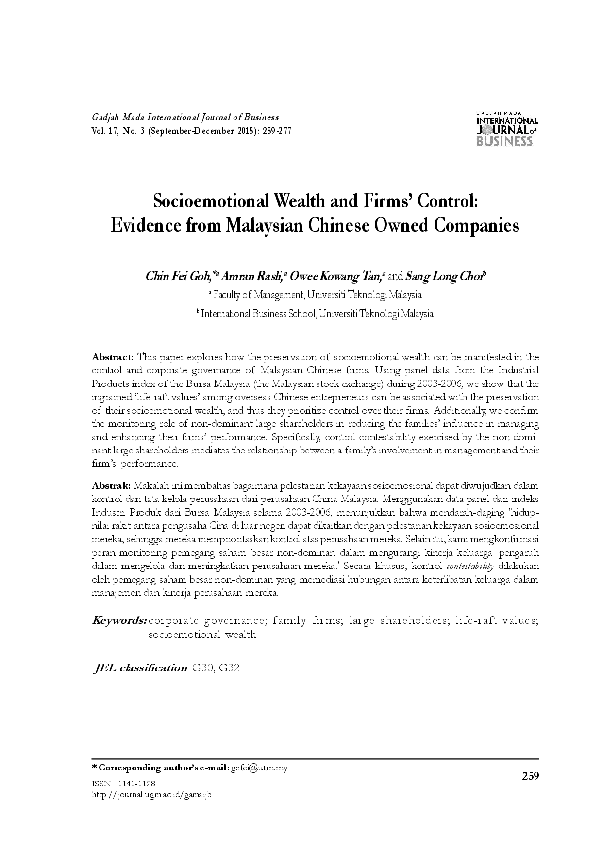 juris Socioemotional Wealth and Firms Control Evidence from Malaysian Chinese Owned Companies