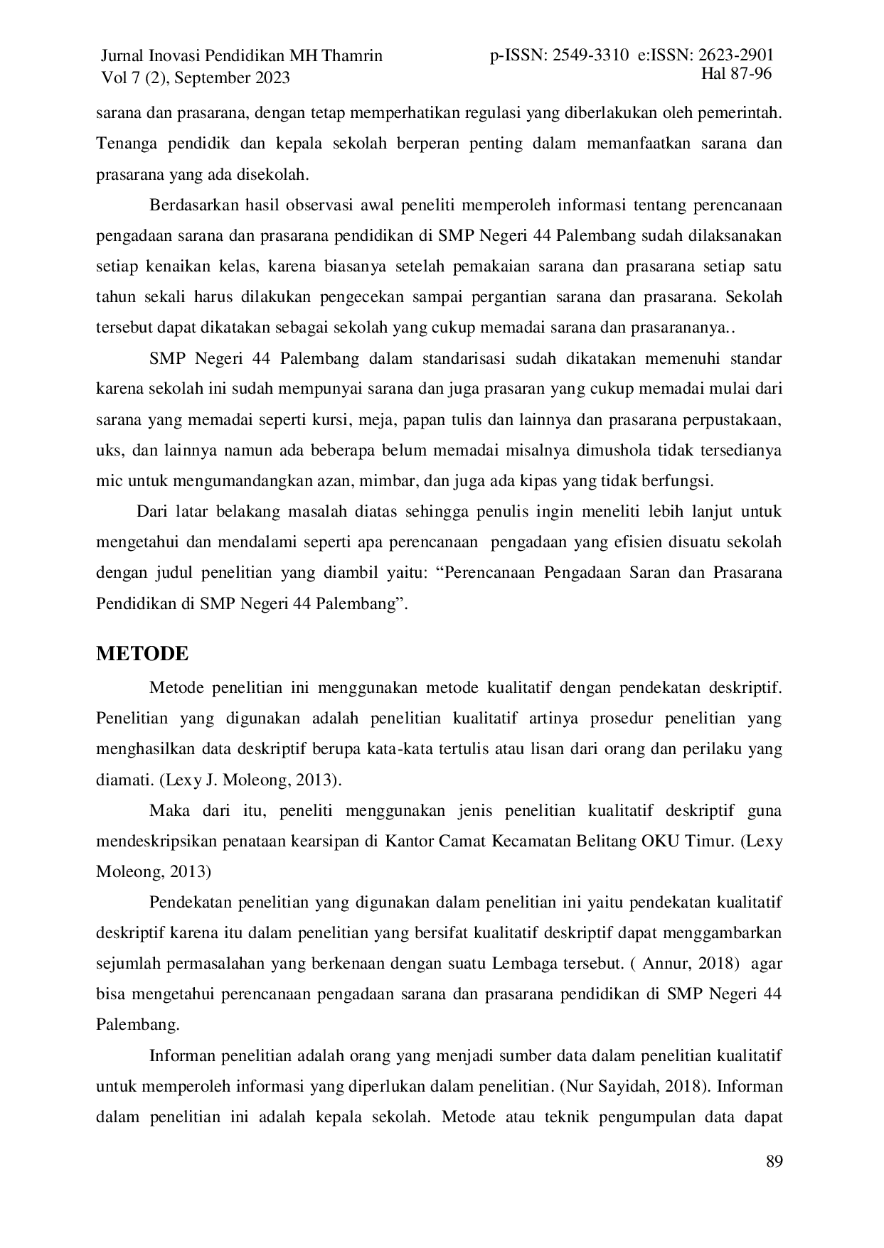 JURIS Perencanaan Pengadaan Sarana dan Prasarana Pendidikan di SMP Negeri 44 Palembang