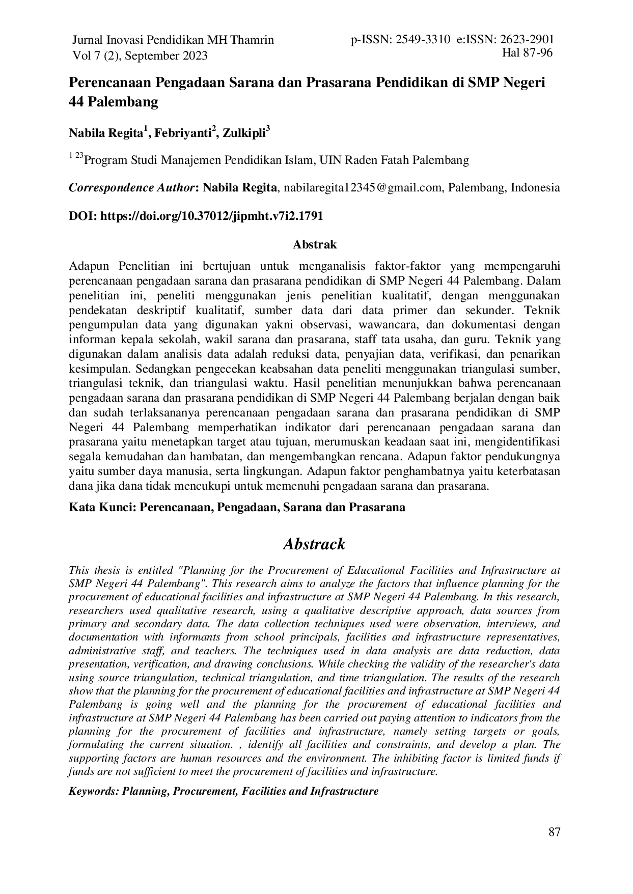 JURIS Perencanaan Pengadaan Sarana dan Prasarana Pendidikan di SMP Negeri 44 Palembang