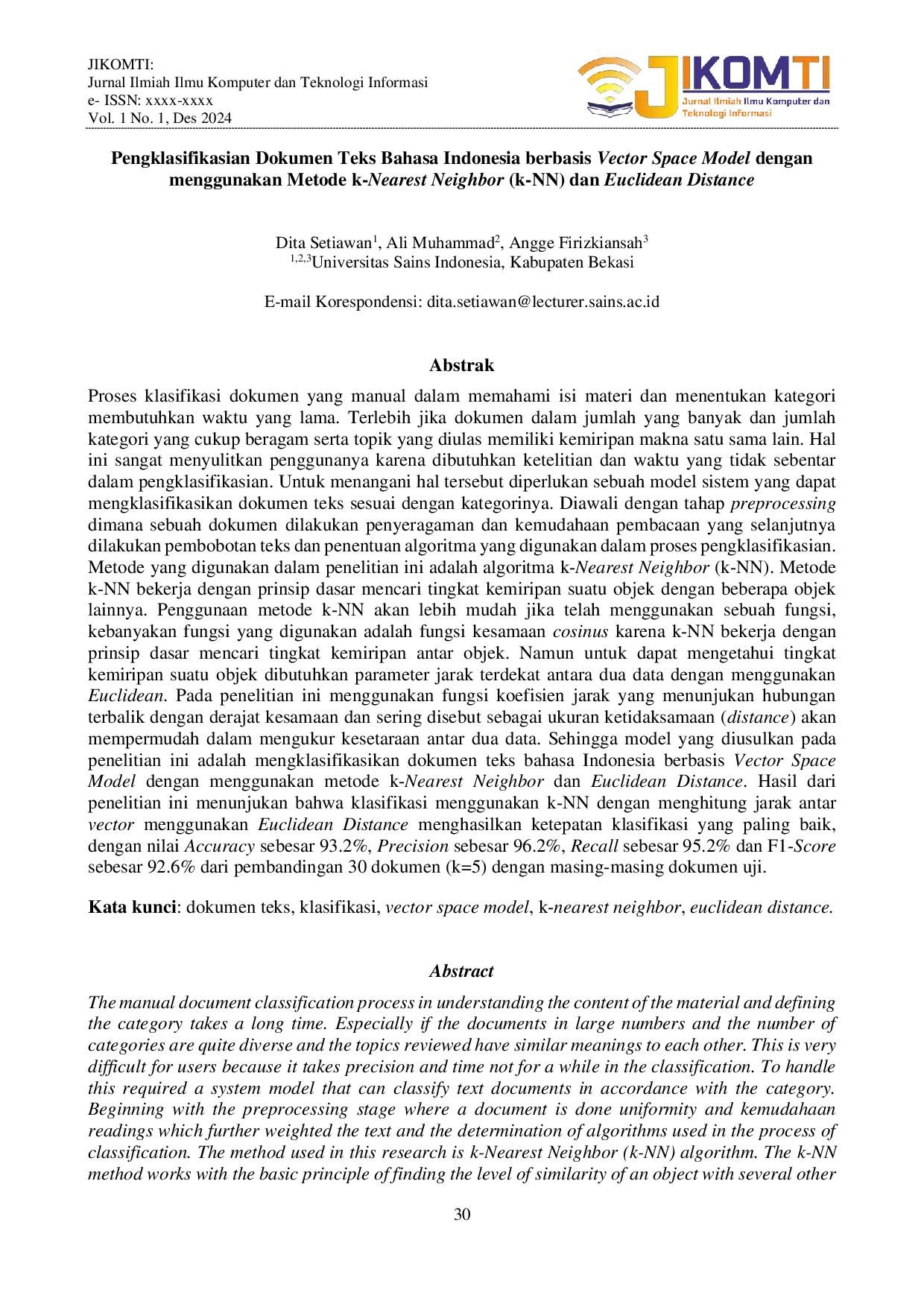 JURIS Pengklasifikasian Dokumen Teks Bahasa Indonesia berbasis Vektor Space Model dengan menggunakan Metode k Nearest Neighbor k NN dan Euclidean Distance