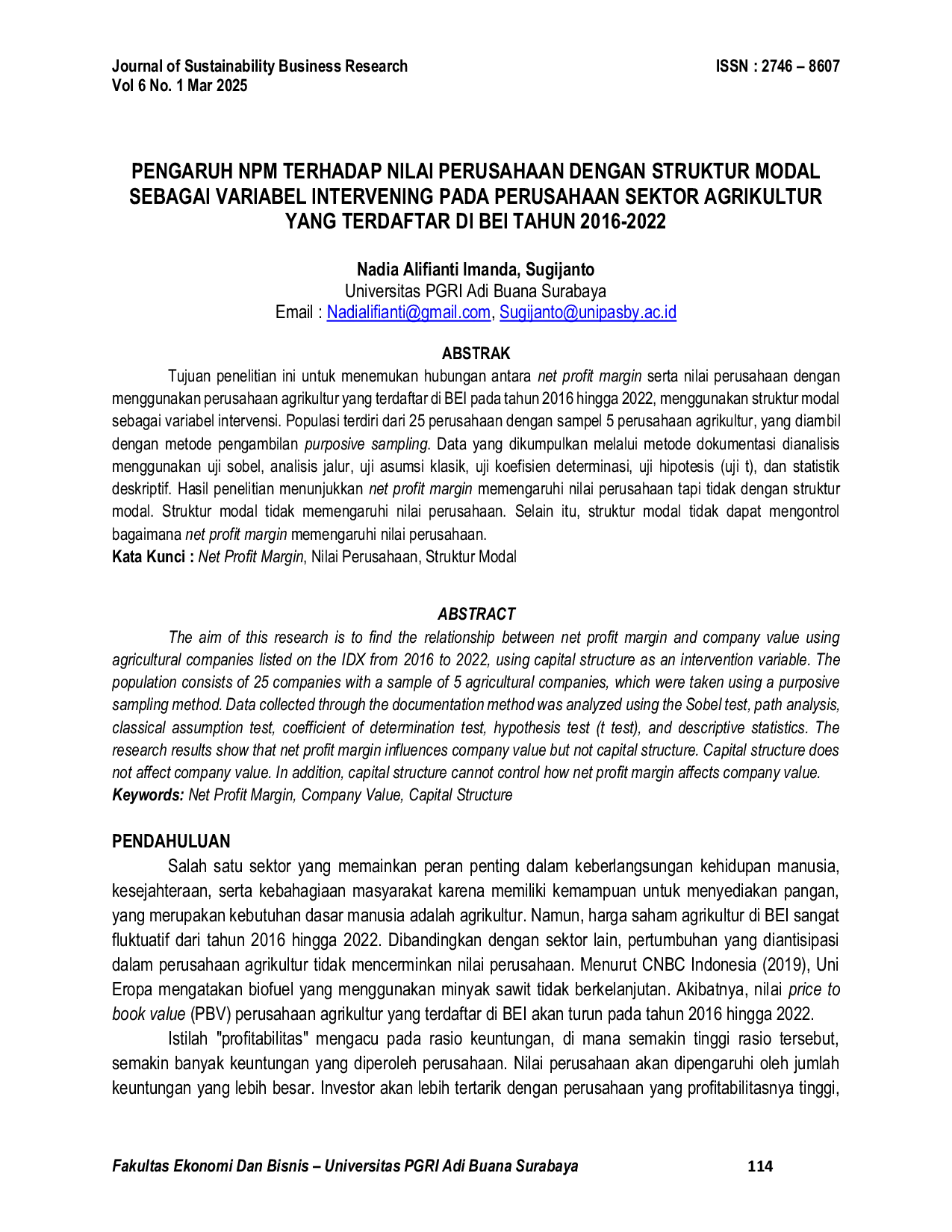 JURIS Pengaruh NPM Terhadap Nilai Perusahaan Dengan Struktur Modal Sebagai Variabel Intervening Pada Perusahaan Sektor Agrikultur Yang Terdaftar Di BEI Tahun 2016 2022