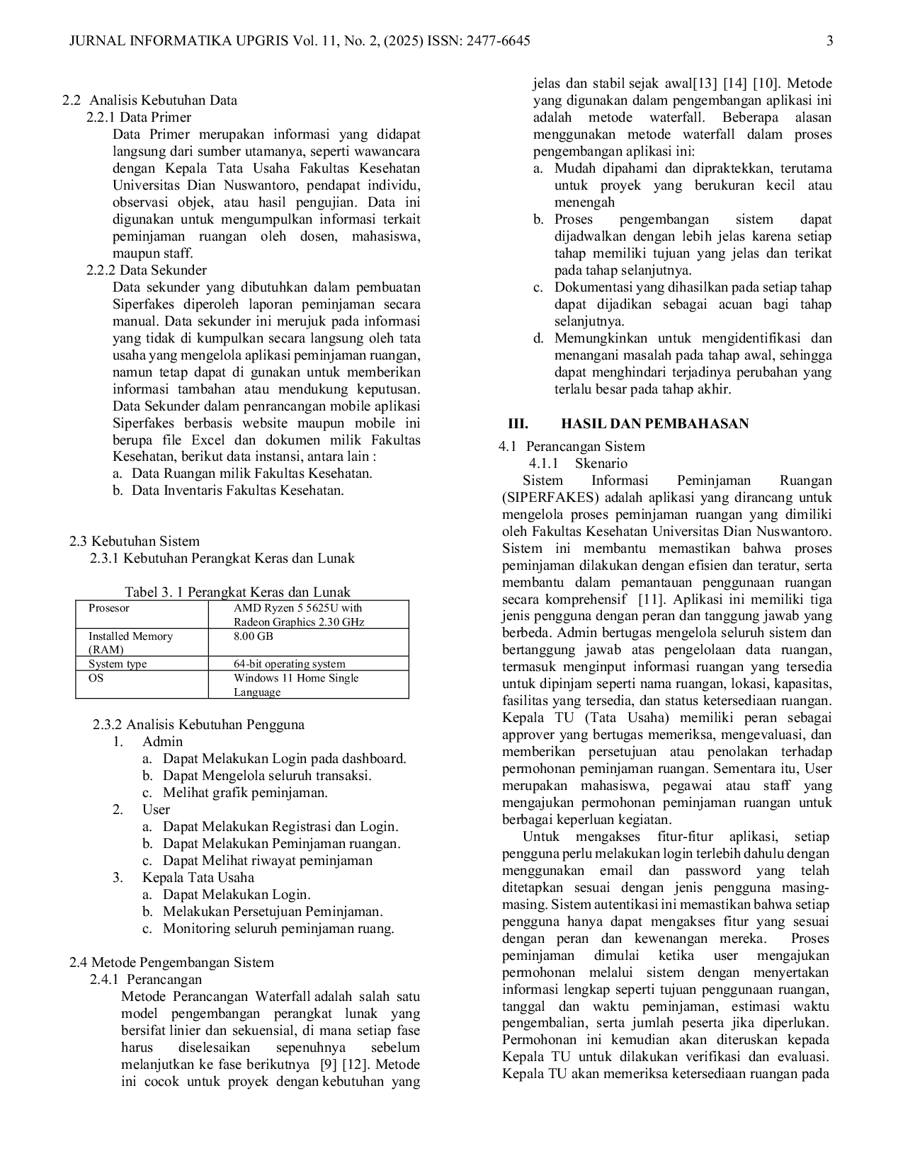 JURIS Pengembangan Sistem Informasi Peminjaman Ruangan Fakultas Kesehatan UDINUS Berbasis Web dan Mobile