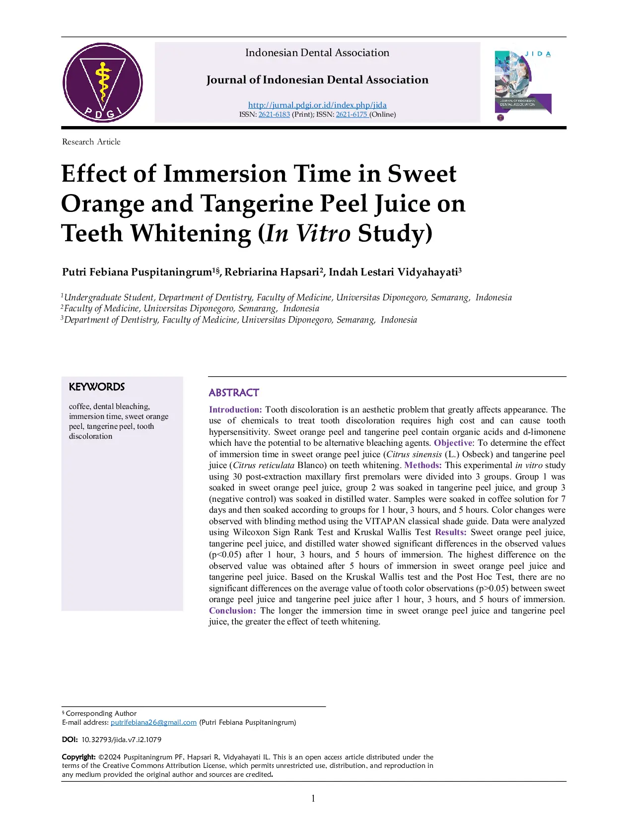 JURIS Effect of Immersion Time in Sweet Orange and Tangerine Peel Juice on Teeth Whitening In Vitro Study