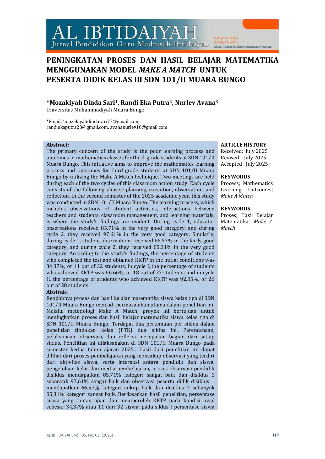 JURIS Peningkatan proses dan hasil belajar matematika menggunakan model make a match untuk peserta didik kelas III SDN 101 II Muara Bungo