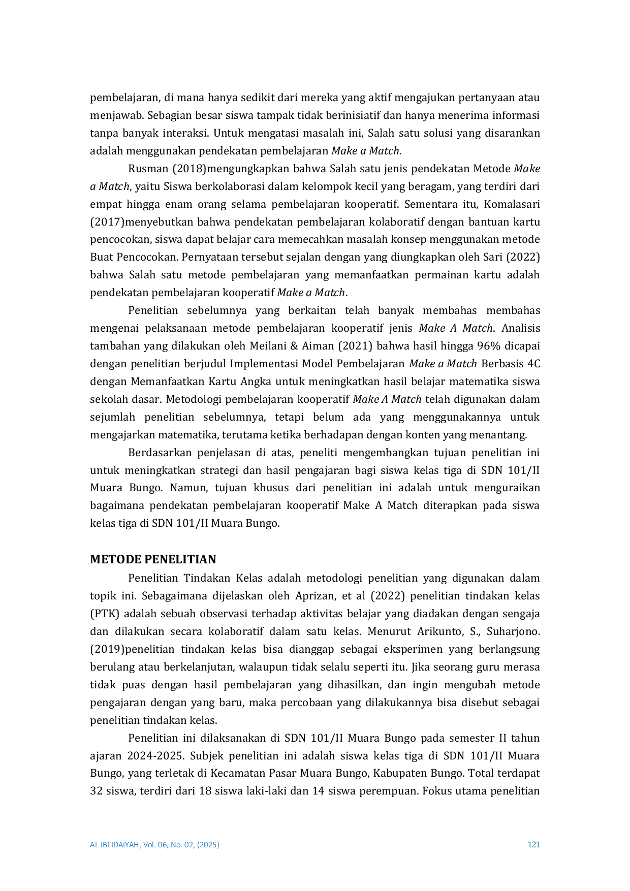 JURIS Peningkatan proses dan hasil belajar matematika menggunakan model make a match untuk peserta didik kelas III SDN 101 II Muara Bungo