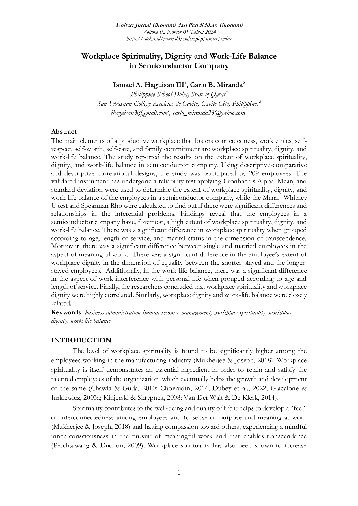 JURIS Workplace Spirituality Dignity and Work Life Balance in Semiconductor Company