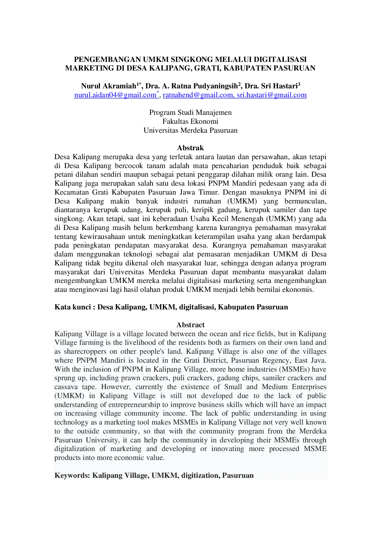 JURIS PENGEMBANGAN UMKM SINGKONG MELALUI DIGITALISASI MARKETING DI DESA KALIPANG GRATI KABUPATEN PASURUAN