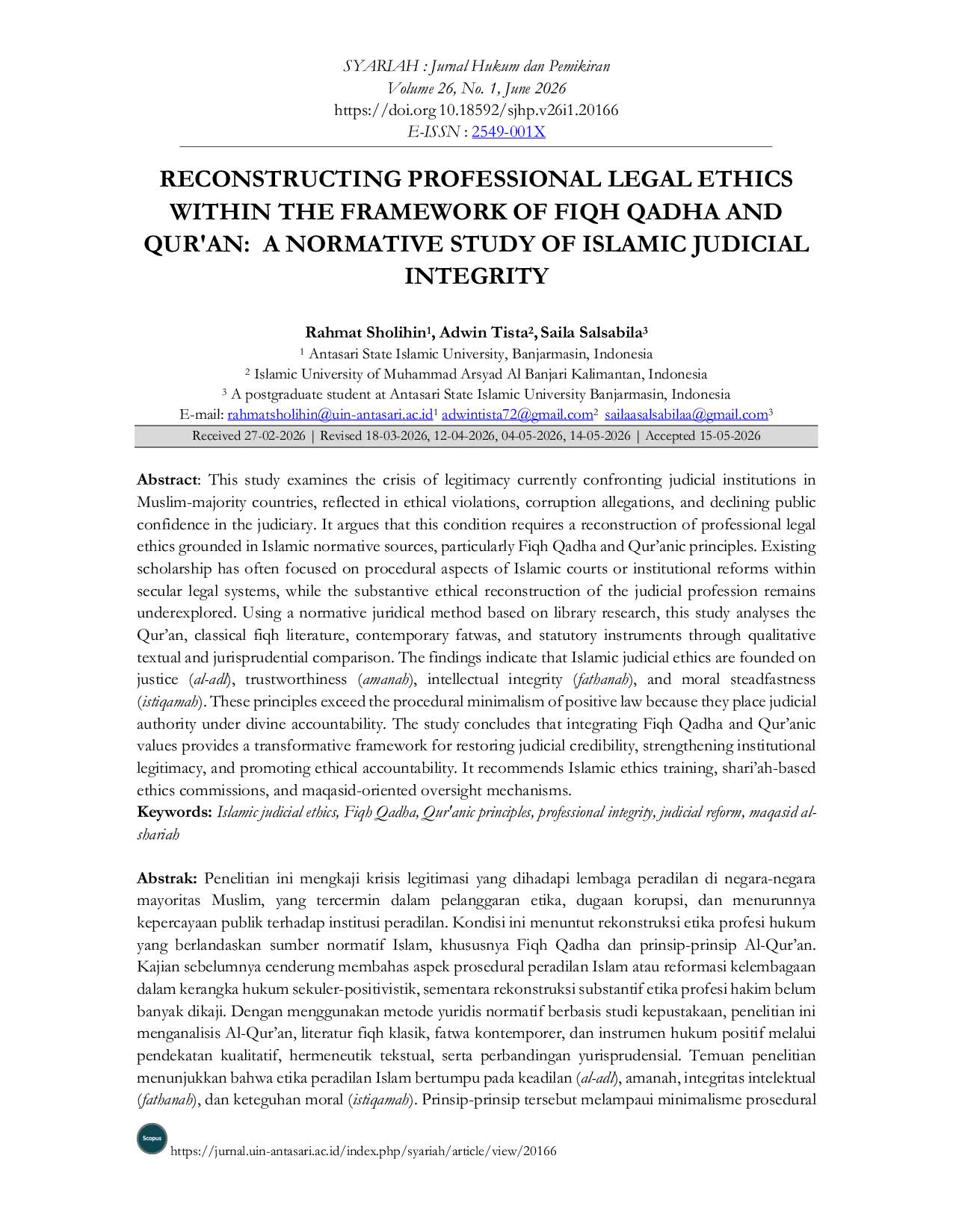 JURIS Reconstructing Professional Legal Ethics within the Framework of Fiqh Qadha and Qur an A Normative Study of Islamic Judicial Integrity