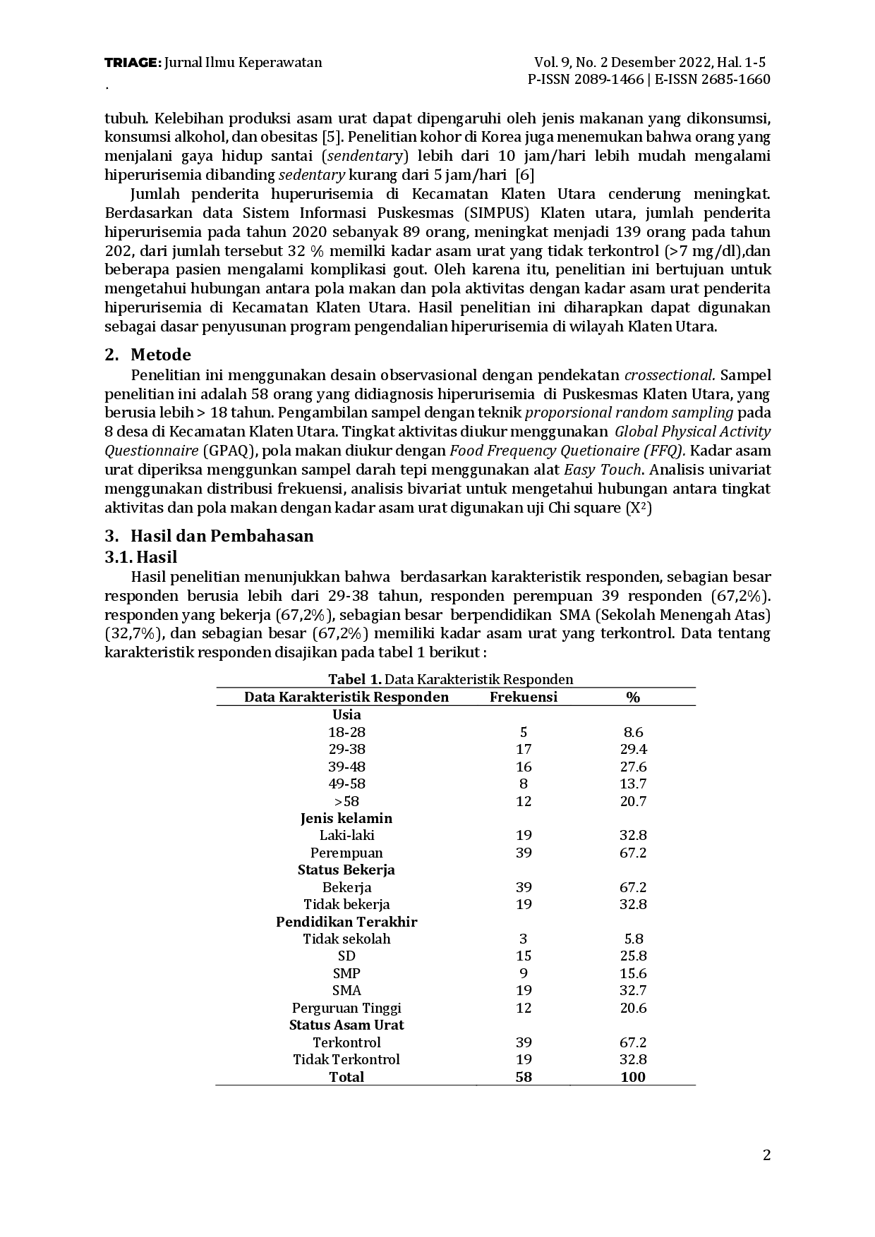 juris Hubungan Pola Makan dan Pola Aktivitas Dengan Pengendalian Kadar Asam Urat Penderita Hiperurisemia