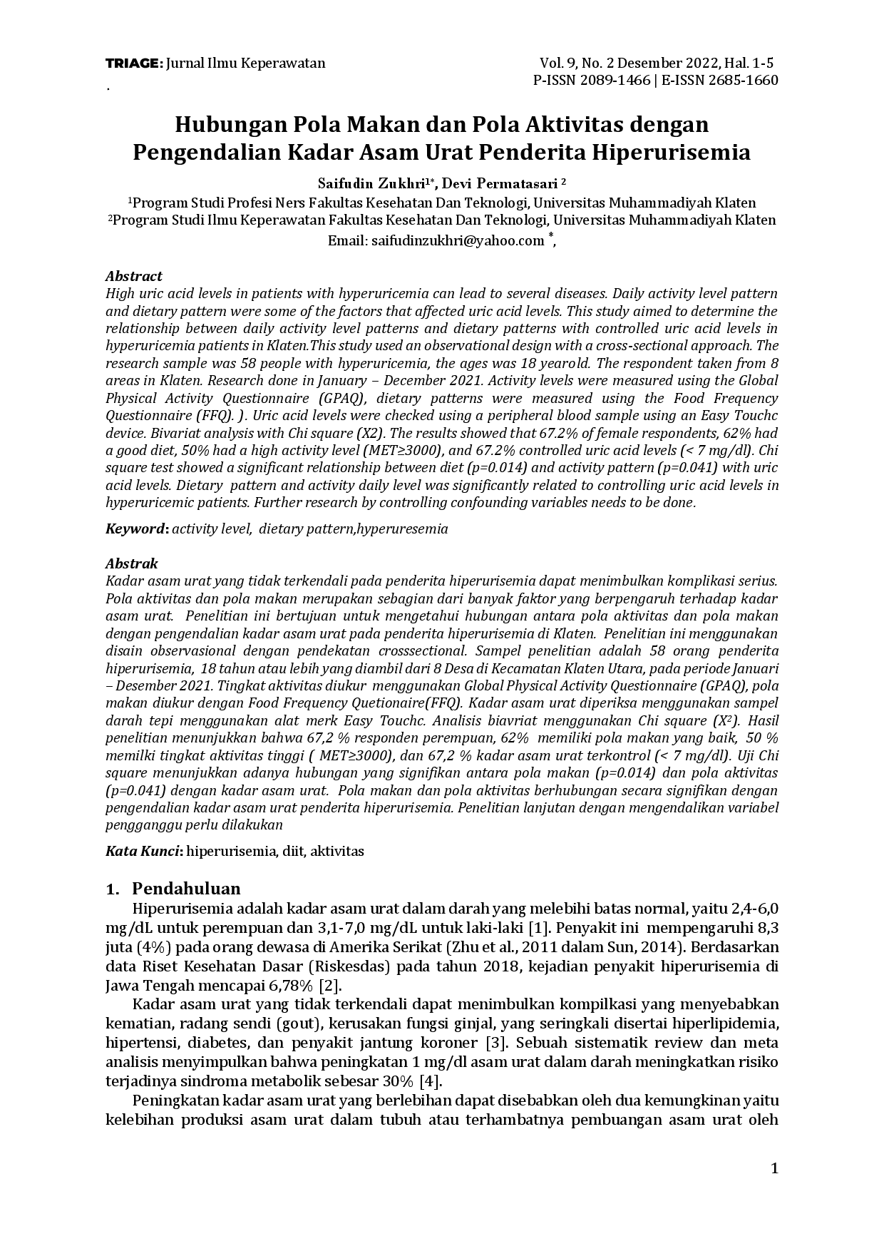 juris Hubungan Pola Makan dan Pola Aktivitas Dengan Pengendalian Kadar Asam Urat Penderita Hiperurisemia