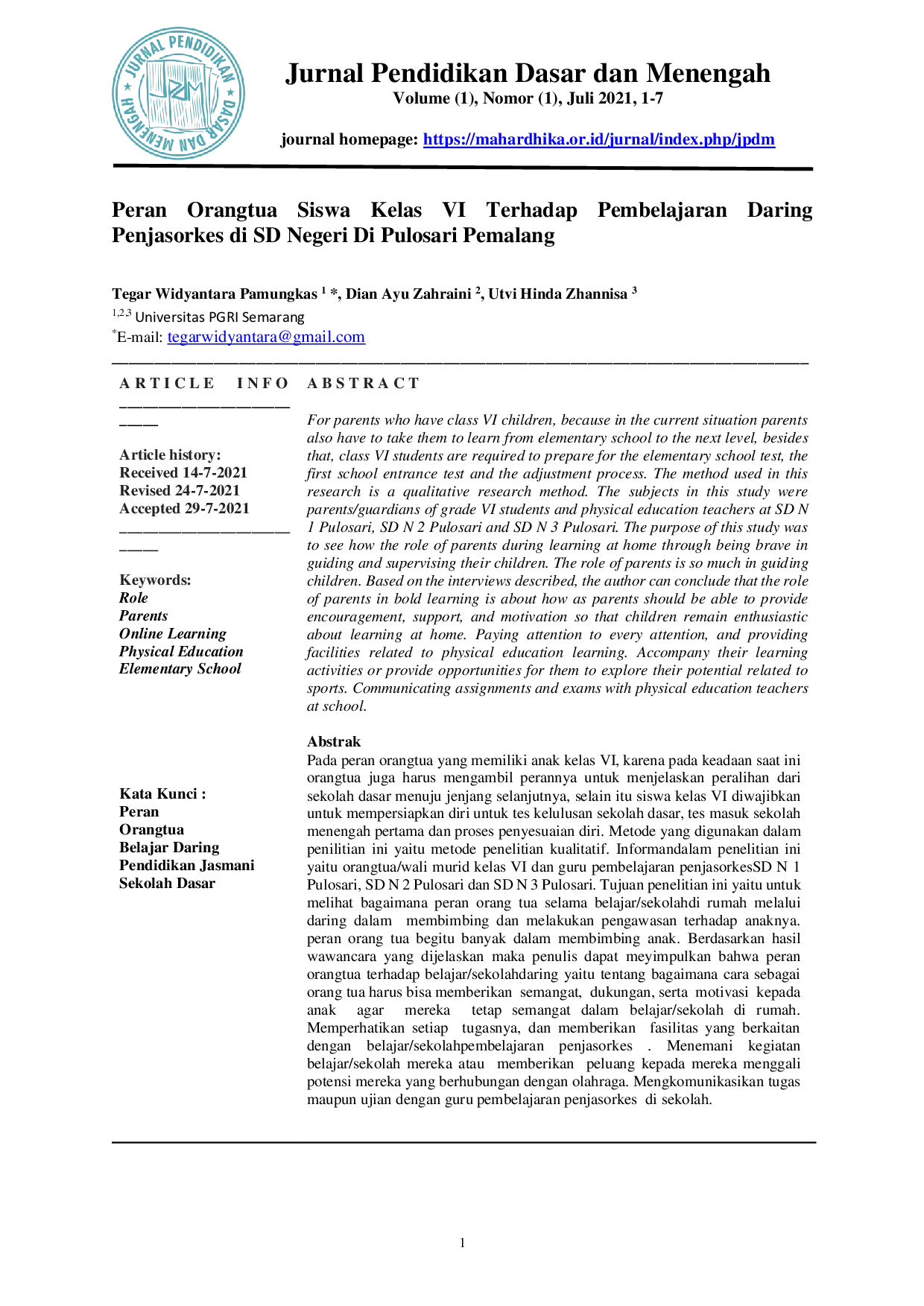 JURIS Peran Orangtua Siswa Kelas VI Terhadap Pembelajaran Daring Penjasorkes Di SD Negeri Di Pulosari Pemalang