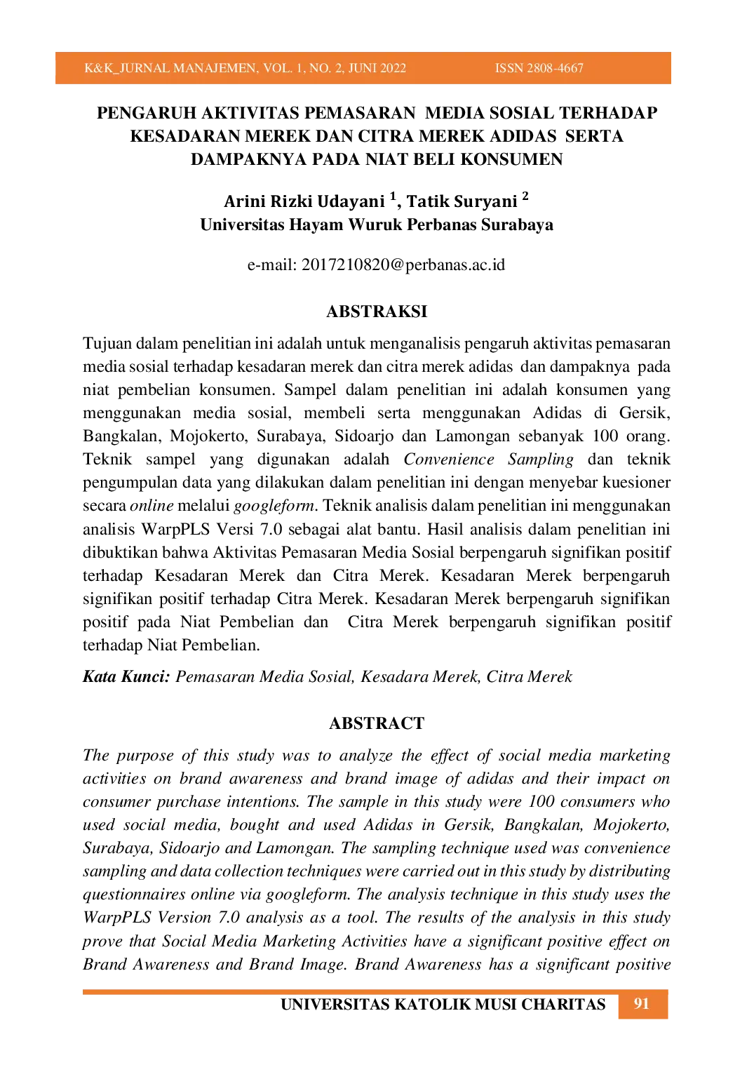 JURIS Pengaruh Aktivitas Pemasaran Media Sosial Terhadap Kesadaran Merek Dan Citra Merek Adidas Serta Dampaknya Pada Niat Beli Konsumen