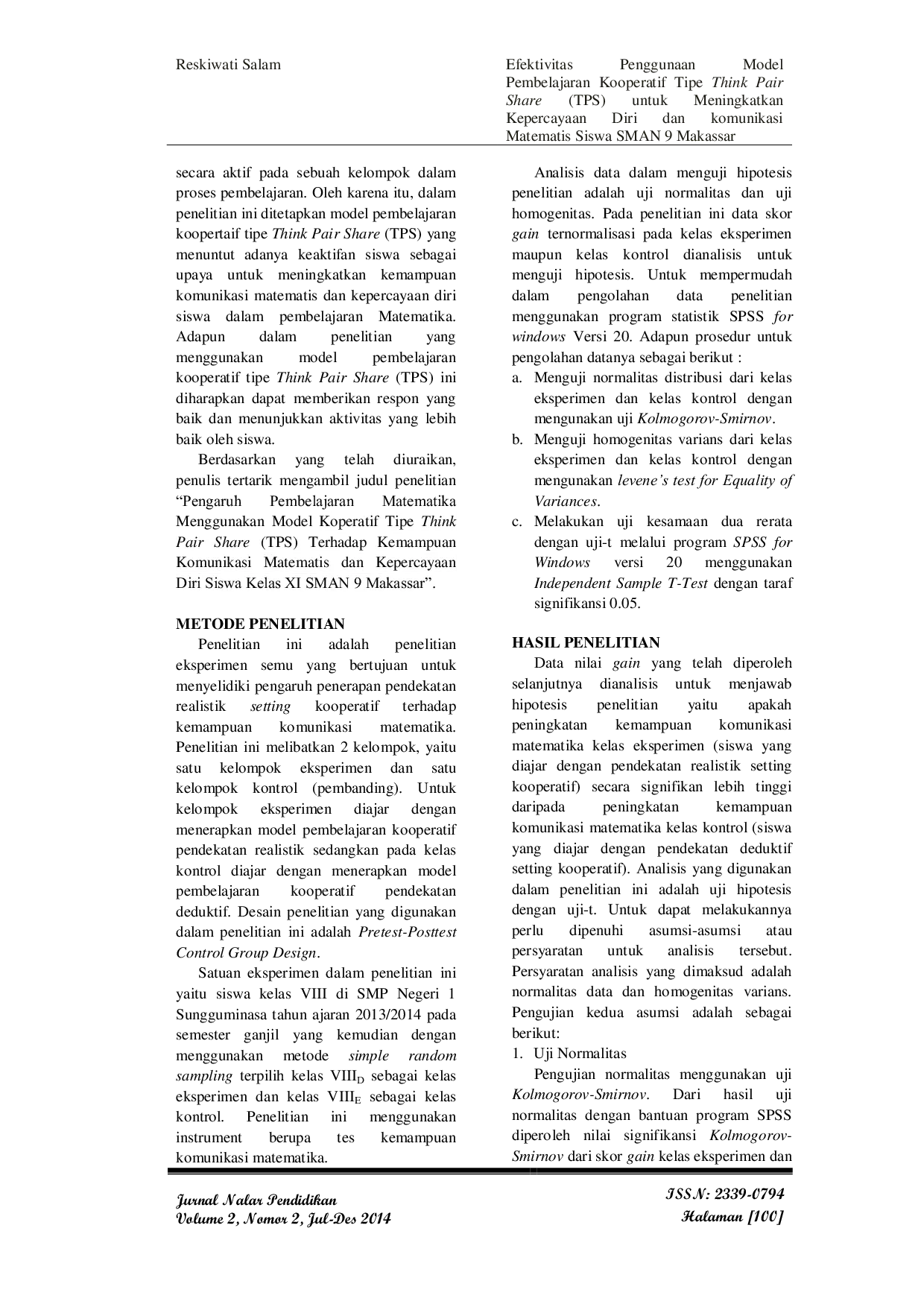 JURIS Efektivitas Penggunaan Model Pembelajaran Kooperatif Tipe Think Pair Share TPS untuk Meningkatkan Kepercayaan Diri dan Komunikasi Matematis Siswa SMAN 9 Makassar