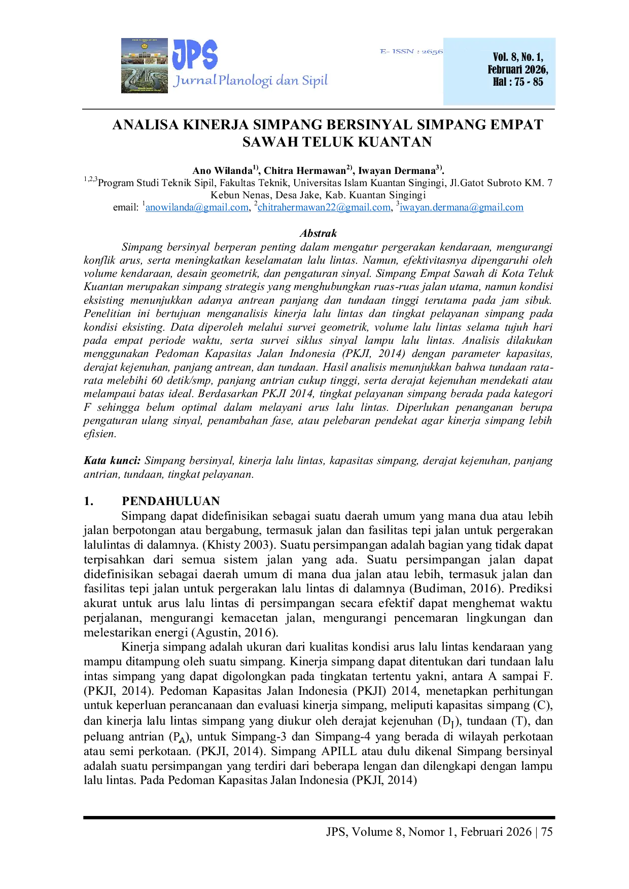 JURIS Analisa Kinerja Simpang Bersinyal Simpang Empat Sawah Teluk Kuantan