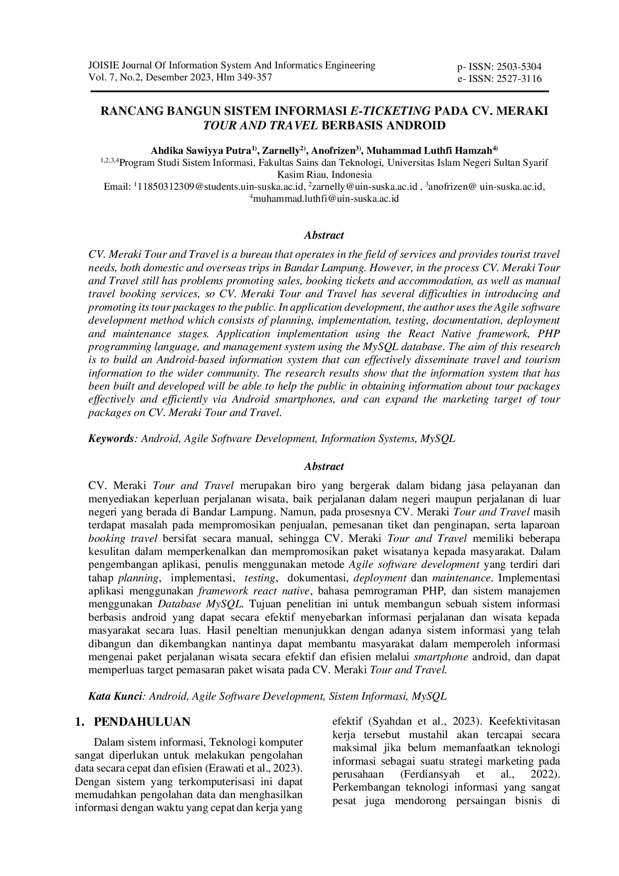 JURIS Rancang Bangun Sistem Informasi E Ticketing Pada CV Meraki Tour And Travel Berbasis Android