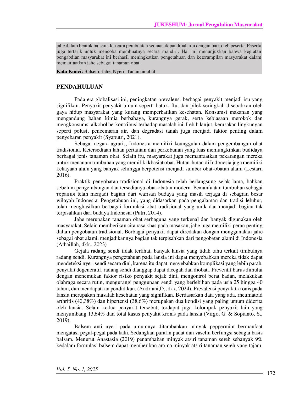 JURIS Socialization of Making Traditional Balsam From Natural Ingredients Ginger Zingiber officinale as An Anti Pain Medicine in Tanjung Rejo Village Percut Sei Tuan District Sosialisasi Pembuatan Balsam