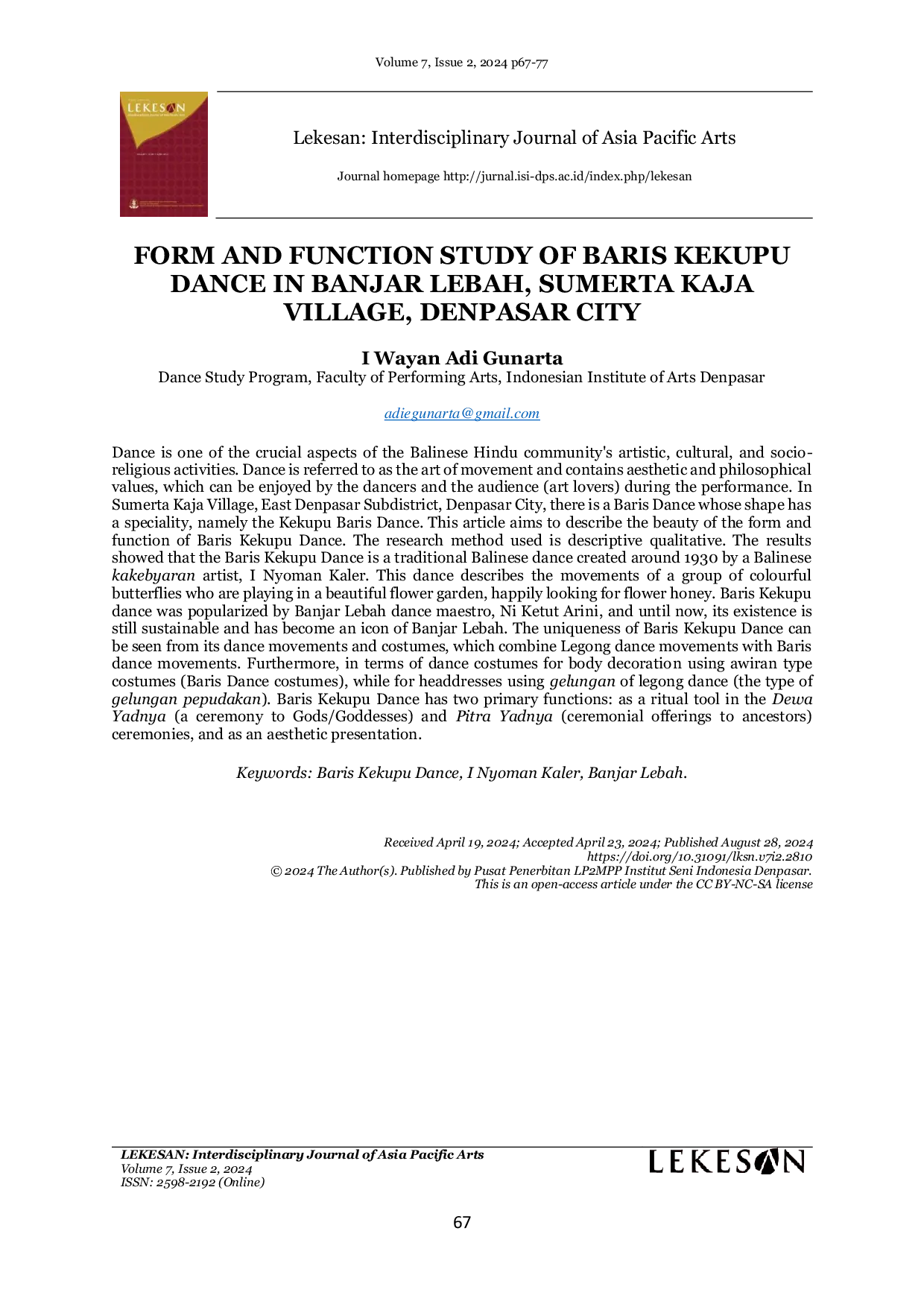 JURIS Form and Function Study of Baris Kekupu Dance in Banjar Lebah Sumerta Kaja Village Denpasar City