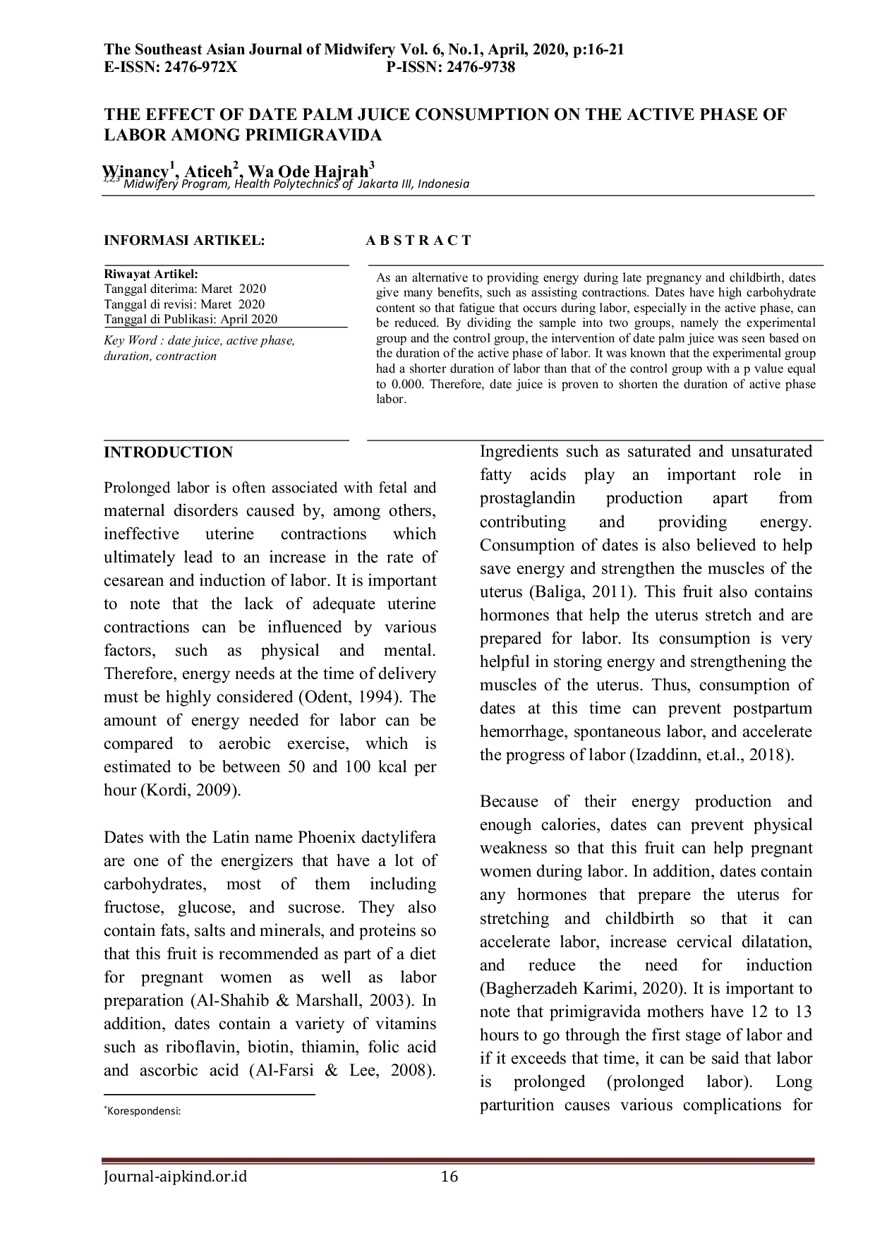 JURIS The Effect Of Date Palm Juice Consumption On The Active Phase Of Labor Among Primigravida