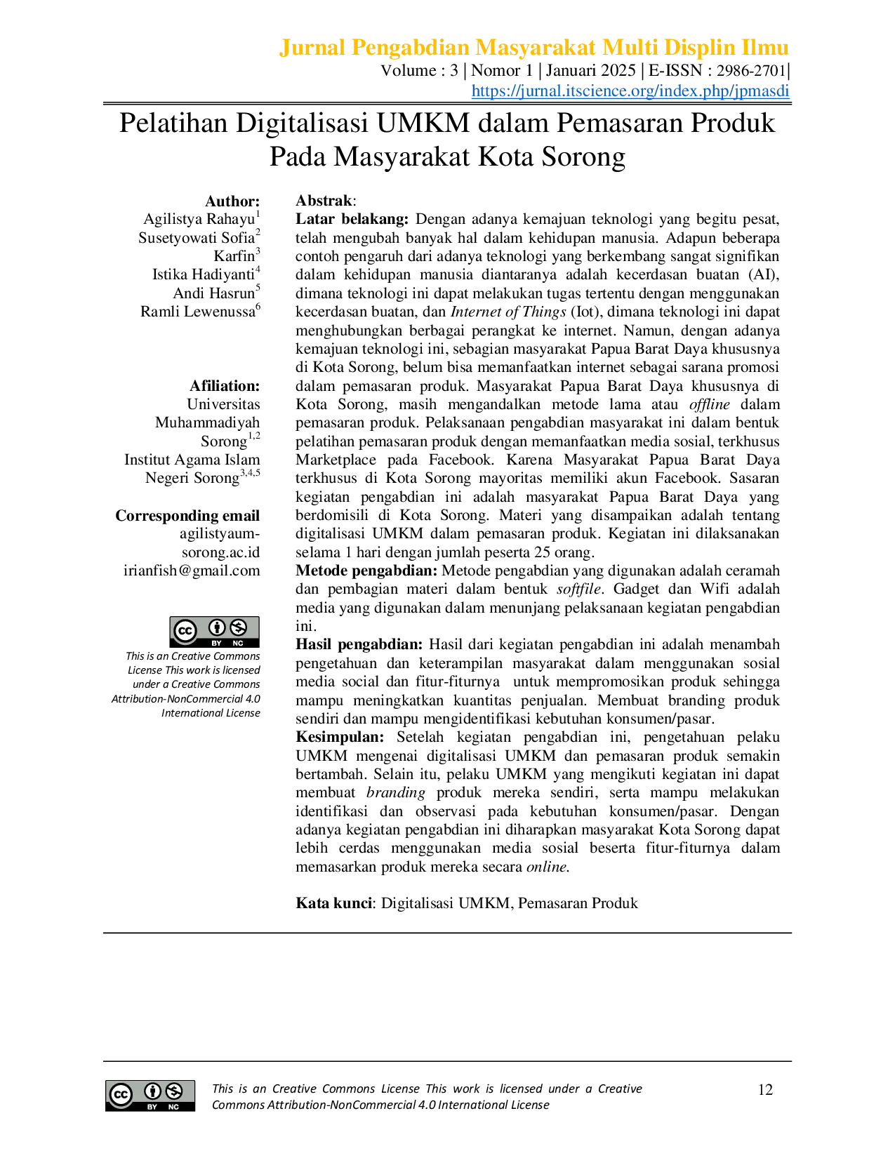 JURIS Pelatihan Digitalisasi UMKM dalam Pemasaran Produk Pada Masyarakat Kota Sorong