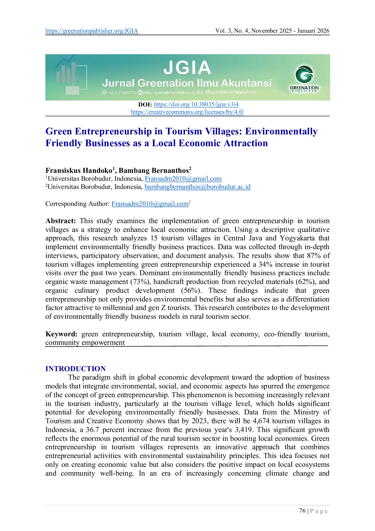 JURIS Green Entrepreneurship in Tourism Villages Environmentally Friendly Businesses as a Local Economic Attraction