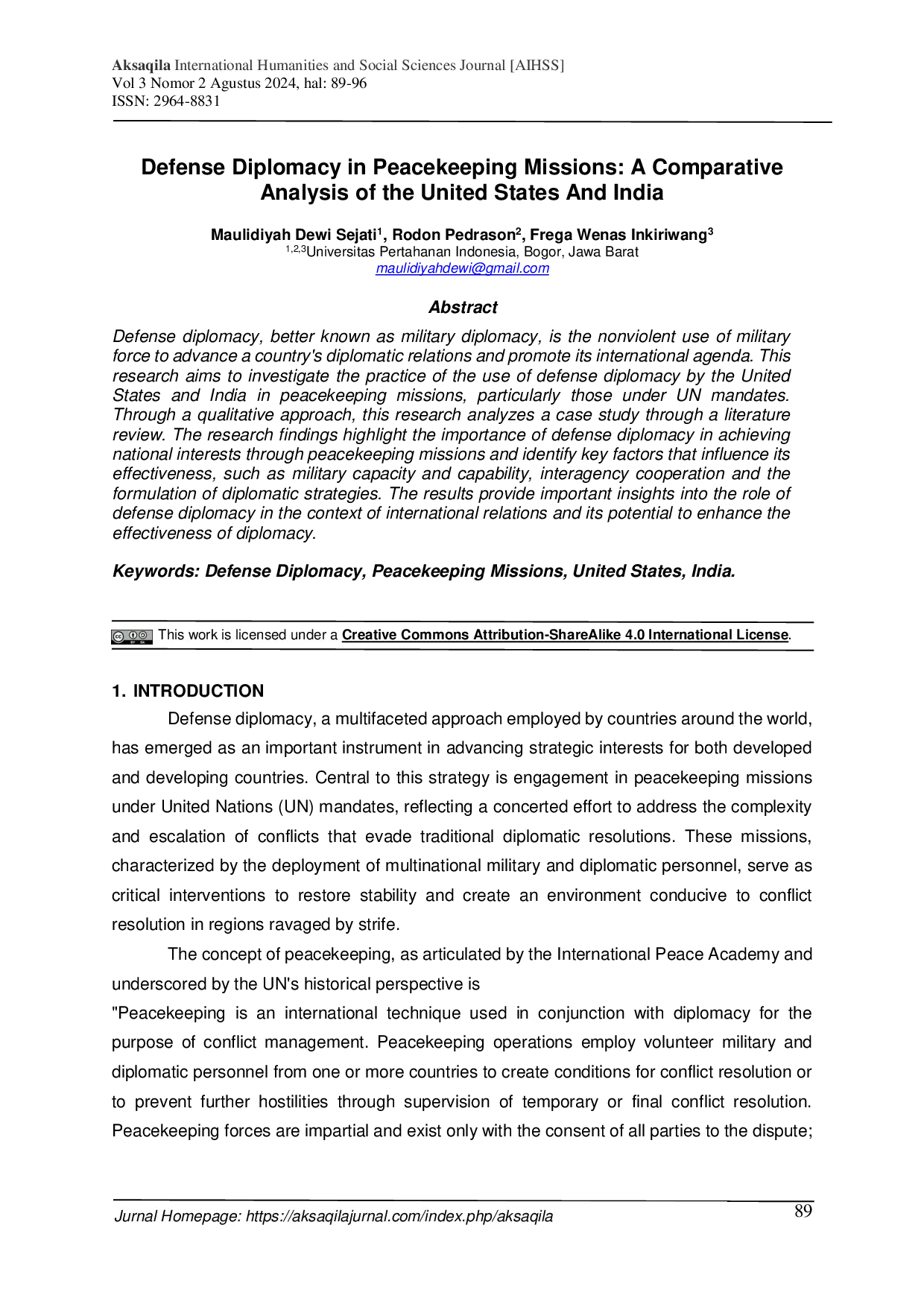 JURIS Defense Diplomacy in Peacekeeping Missions A Comparative Analysis of the United States And India
