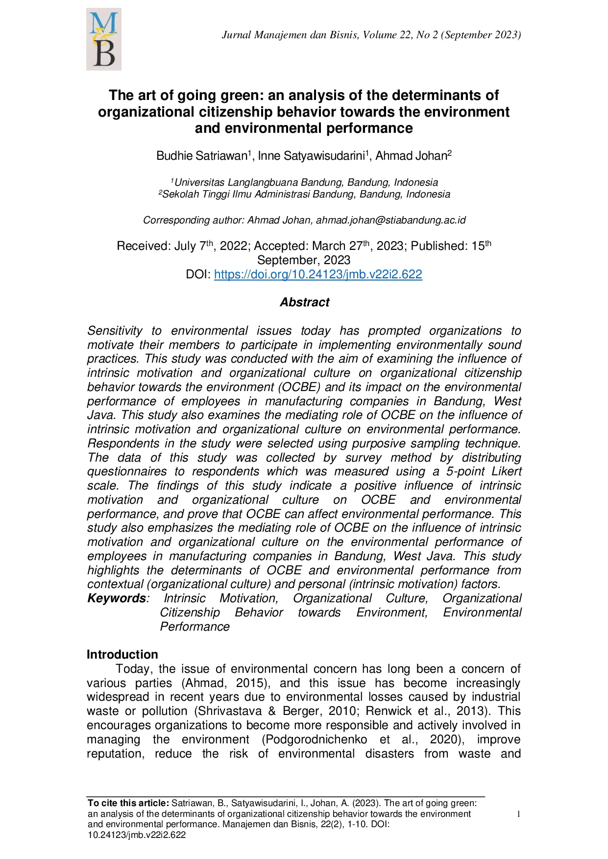 JURIS The Art of Going Green An Analysis of the Determinants of Organizational Citizenship Behavior Towards the Environment and Environmental Performance